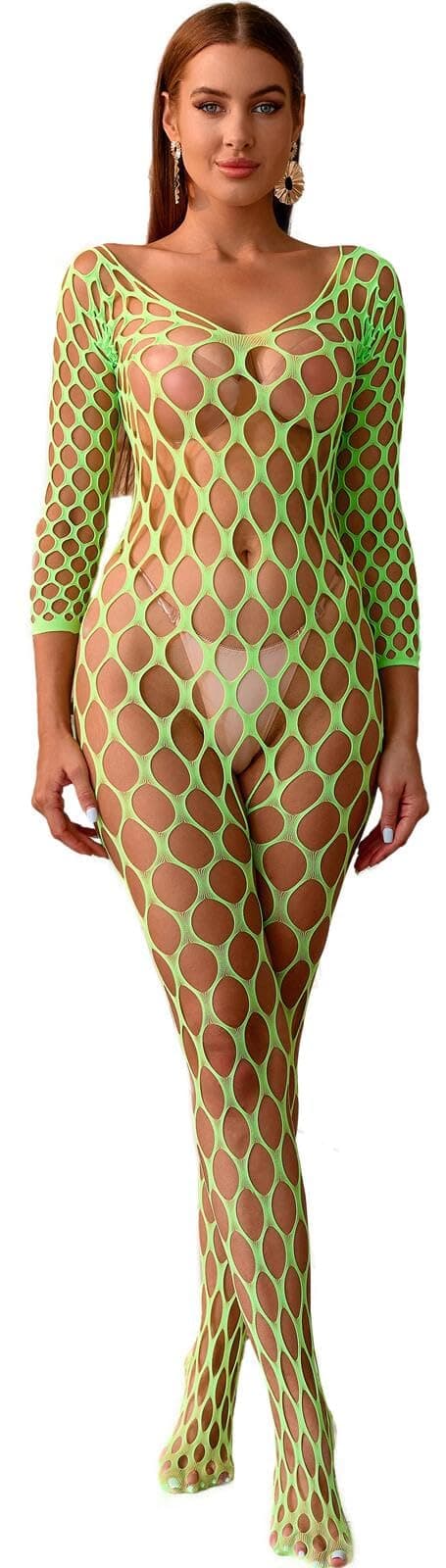 Women’s Lingerie Sexy Fishnet Nightwear Long Sleeve Babydolls Party Dress Mesh Stockings Tights One Size Stretchy Bottoming Suit