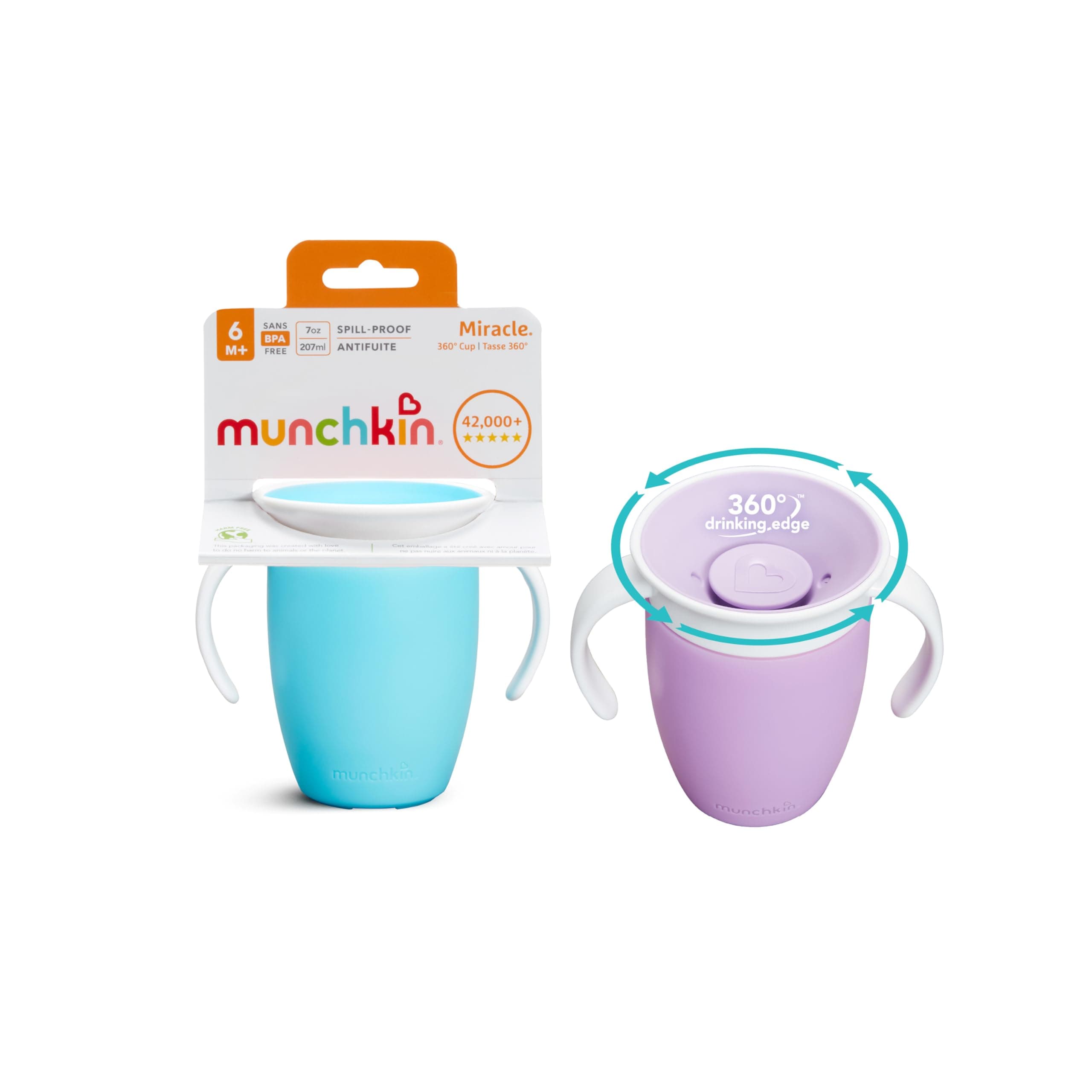 Munchkin Miracle 360 Sippy Cup, Trainer BPA Free Baby & Toddler Cups w.Handles, Non Spill, Dishwasher Safe Leakproof, 6+ Months - 7oz/207ml,2 Pack, Blue/Purple