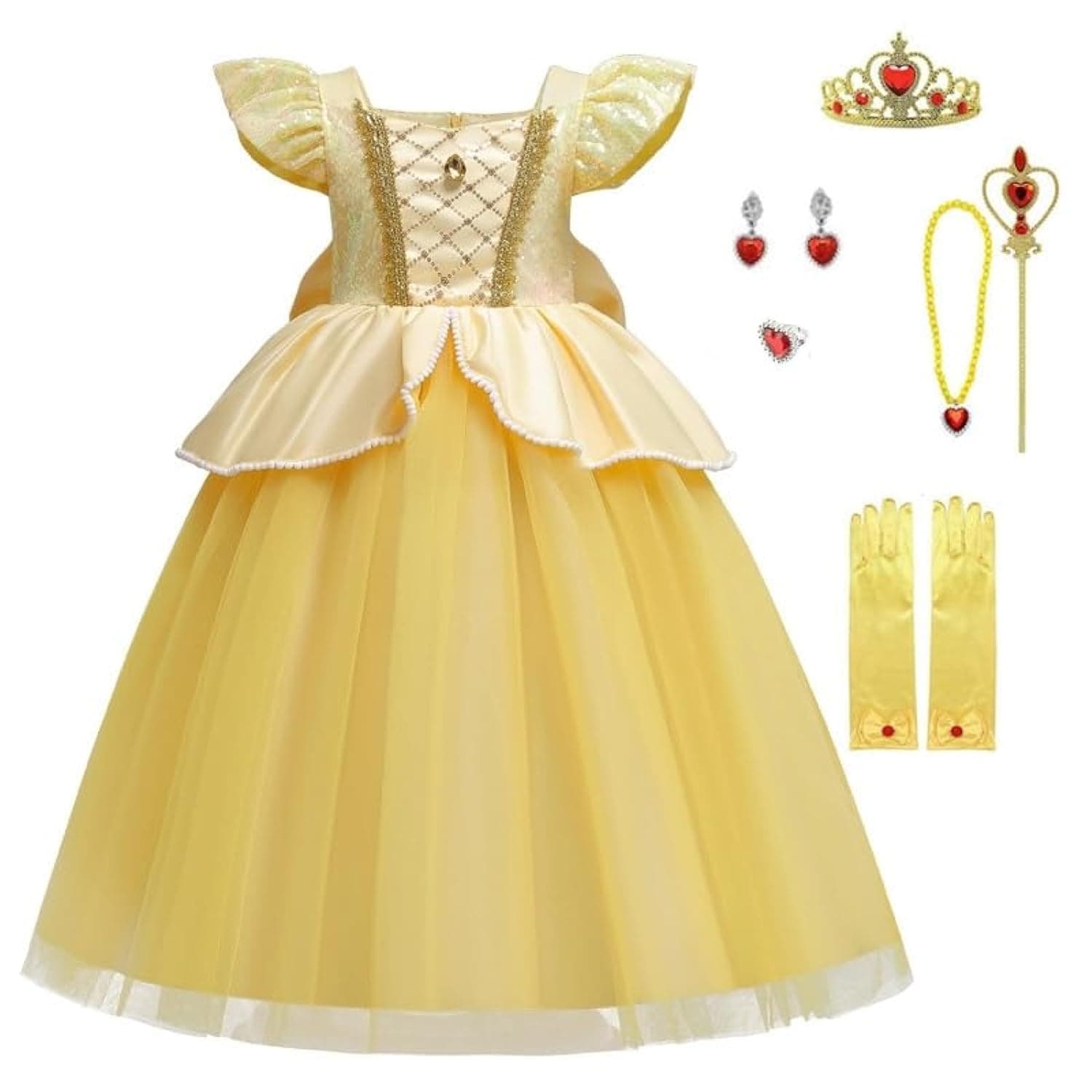 Yellow Princess Dress Costume for Girls Kids Dress Up with Free Accessories - 90-140 cm 3-12 Years Birthday Party Cosplay Outfits