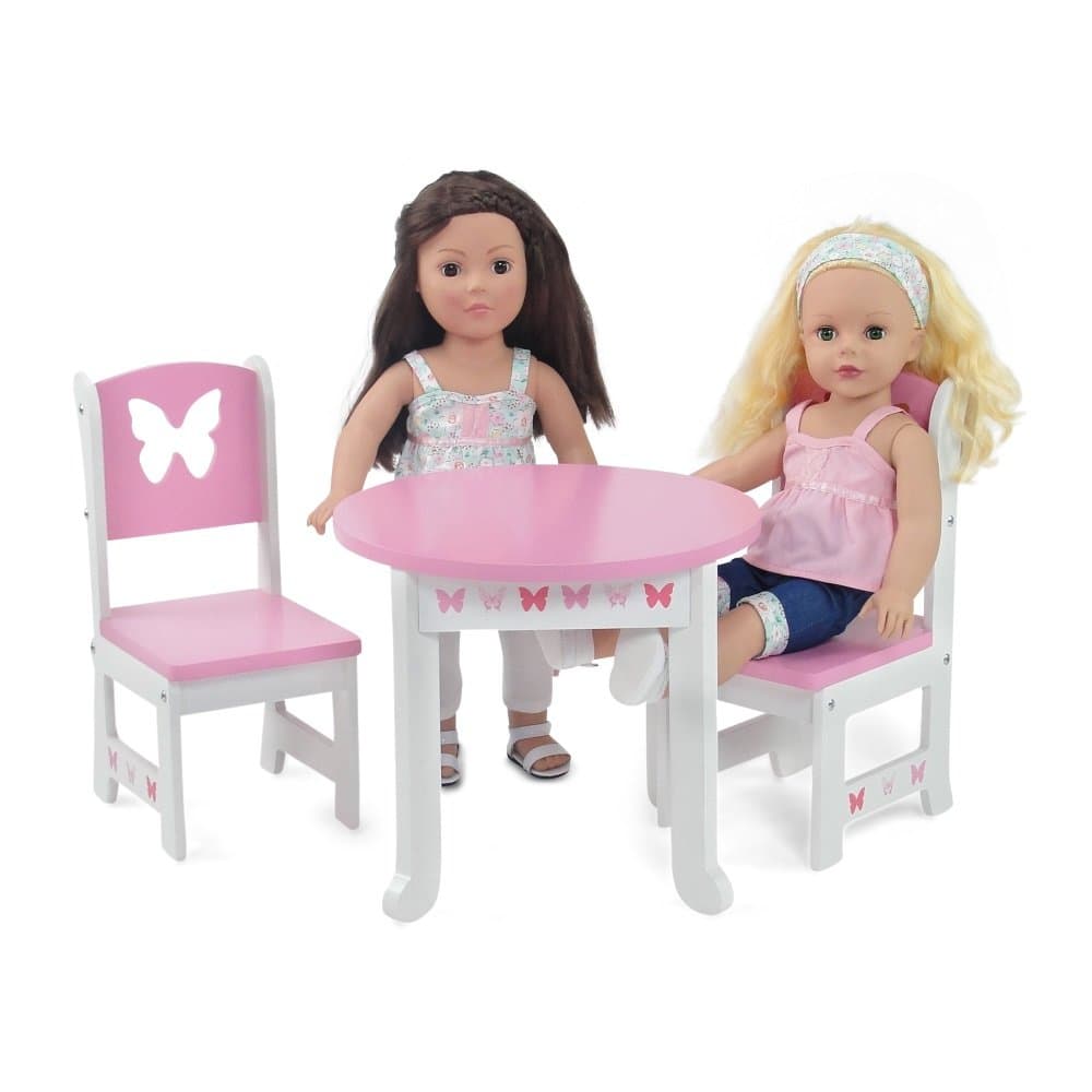 18 Inch Doll Furniture | Lovely Pink and White Table and 2 Chair Dining Set with Beautiful Butterfly Motif | Fits American Girl Dolls