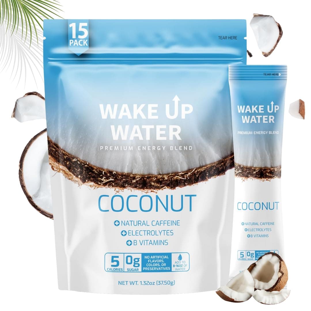 Wake Up Water Energy Drink Mix, Sugar Free Clean Energy Powder with Electrolytes & B Vitamins, Natural Caffeine for Focus & Hydration (15 Pack) - Coconut