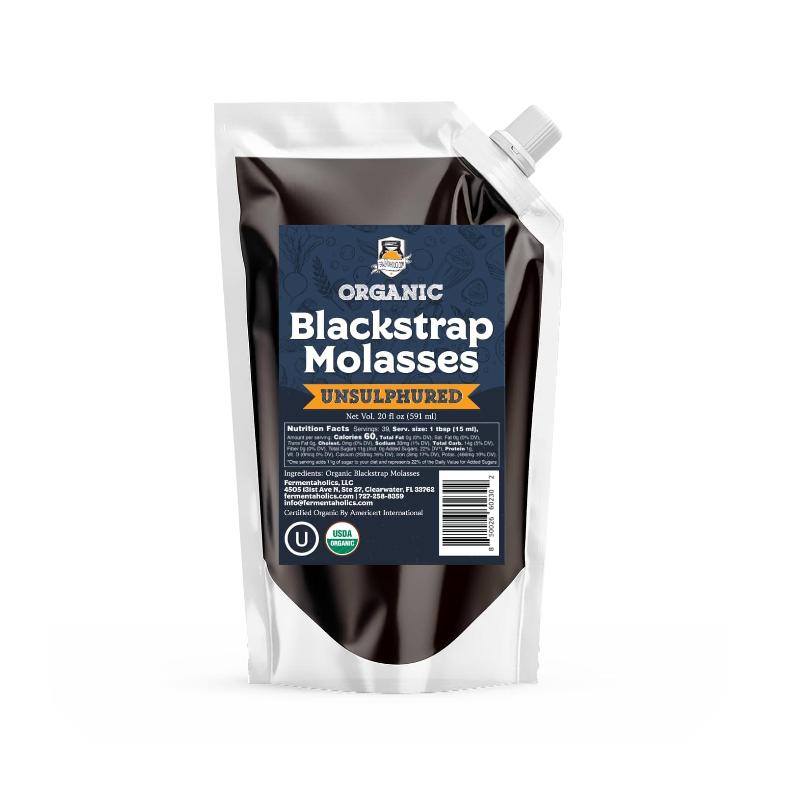 Organic Unsulphured Blackstrap Molasses | 20 oz Pouch | OU Kosher & Unsulfured | Spouted Pouch for Easy Measuring and Pouring
