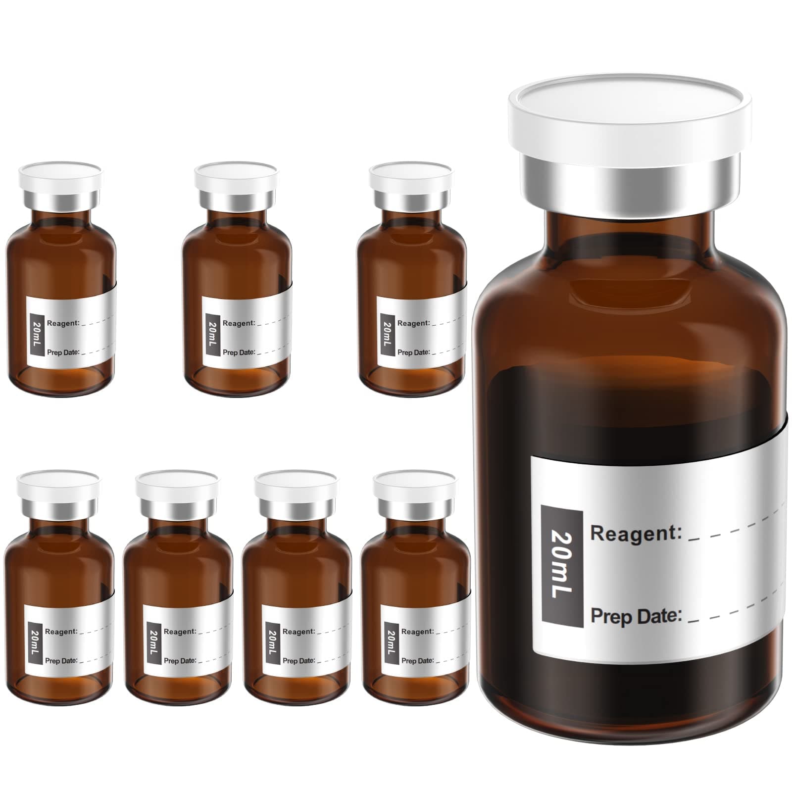 Biomed Solutions Empty Sterile Vial Sealed with Butyl Rubber Stopper and Flip Top Closure,Type 1 Borosilicate Glass Tubing,Individually Packed (20mL 8Pcs (Amber))