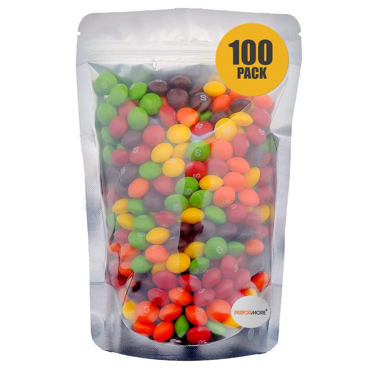 Performore 5 x 8 Inch Stand Up Pouch Bags, Resealable Ziplock Bags For Food Storage, Heavy Duty Mylar Bags, Odor Proof Resealable Bags, Clear Front With Aluminum Foil Back, Heat Sealable, 100 Pack