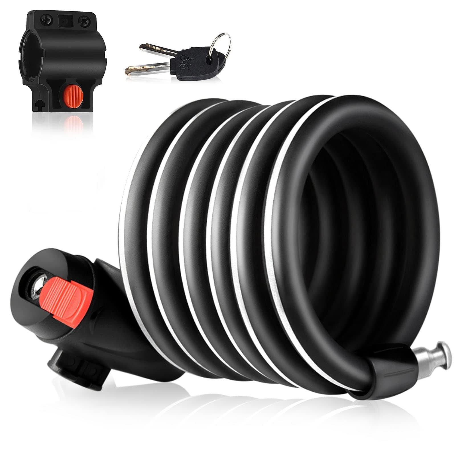 Bike Lock with Keys Coiled Bicycle Lock with Reflective Strip and Upgraded Mounting Bracket 6 Feet Heavy Duty Bike Lock for Bicycle Scooter
