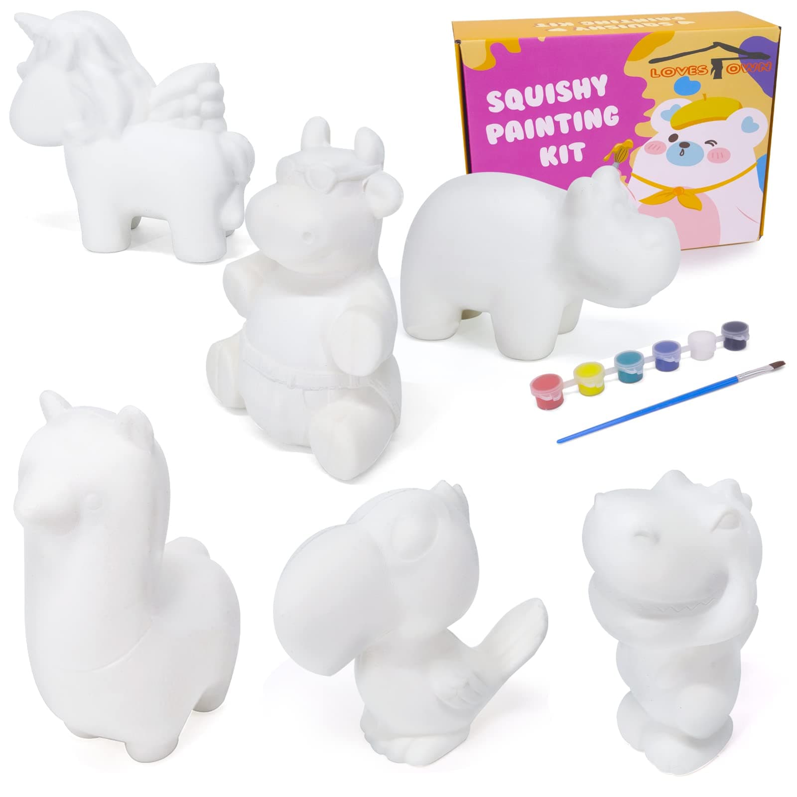 LovesTown Squishies Painting Kit, 6 PCS Squeeze Toys DIY Animal Paint Your Own Squishies for Birthday Gifts