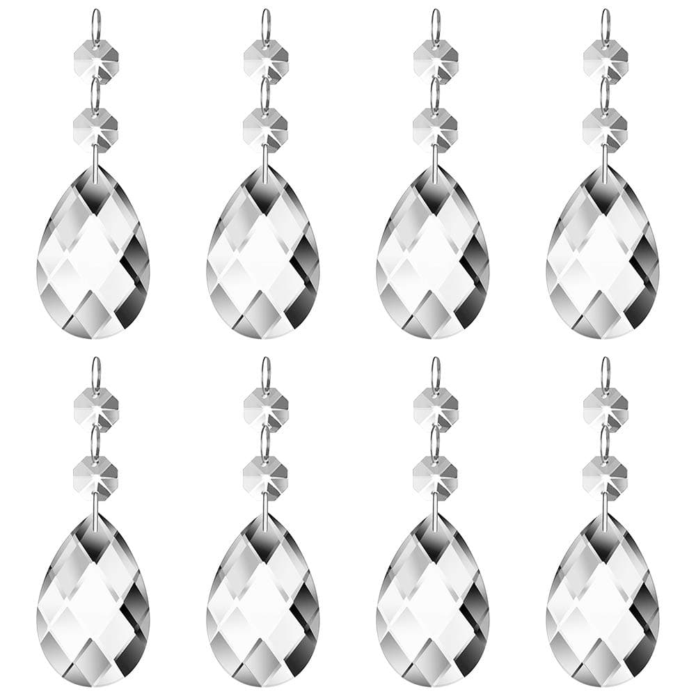 (24 Pack) 38mm Teardrop Crystal Pendant Clear Crystal Glass Chandelier Prism Sun Catcher Parts Hanging Drops Pendant with Octagon Bead for Curtain Lamp Vase Garden Party Christmas Wedding Decor