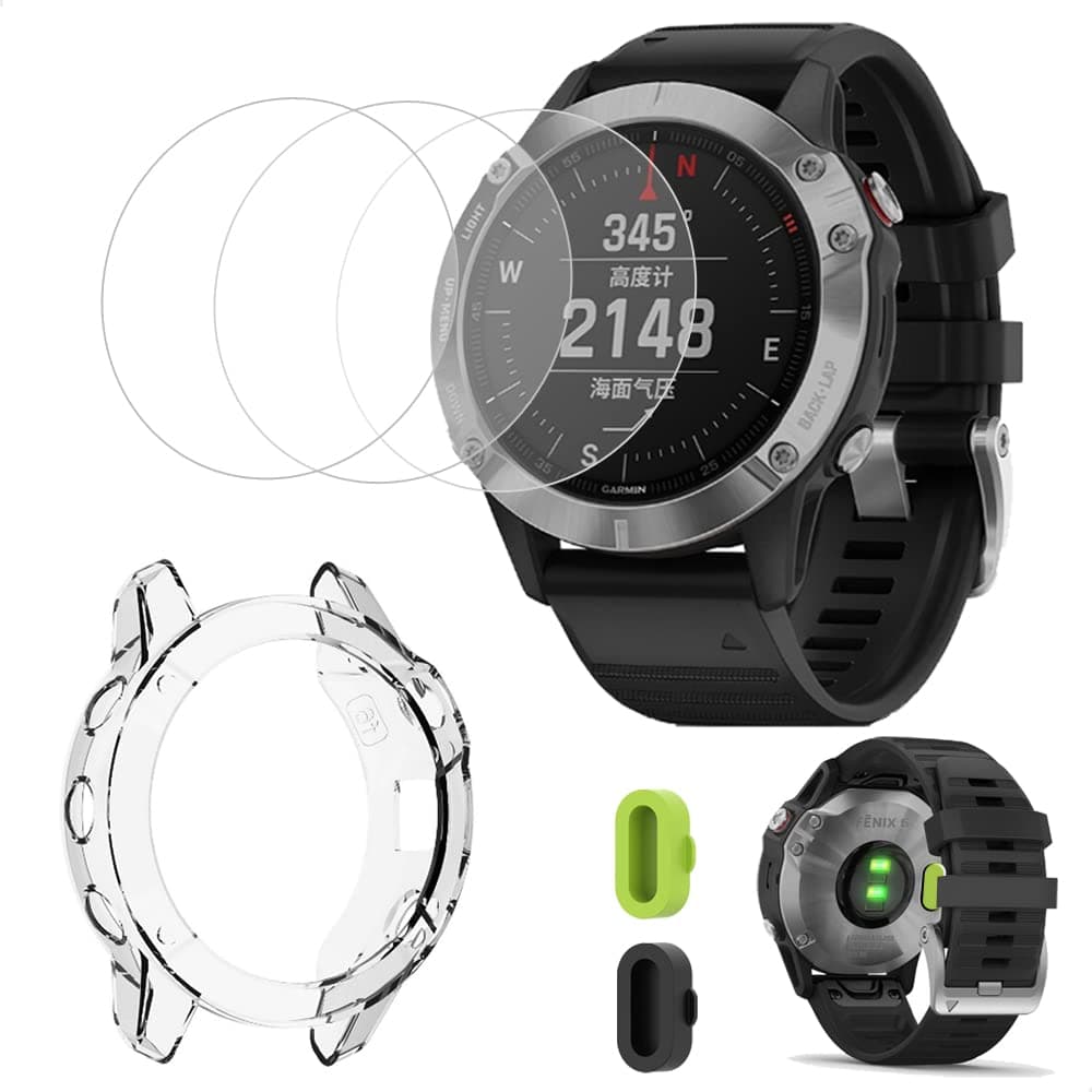 (3+2+1) For Garmin Fenix 6 / Fenix 6 Pro/Fenix 6 Sapphire Smartwatch (3pack) Tempered Glass Screen Protectors + (2pcs) Charger Port Anti-Dust Plugs + (1pcs) Protective TPU Case Cover