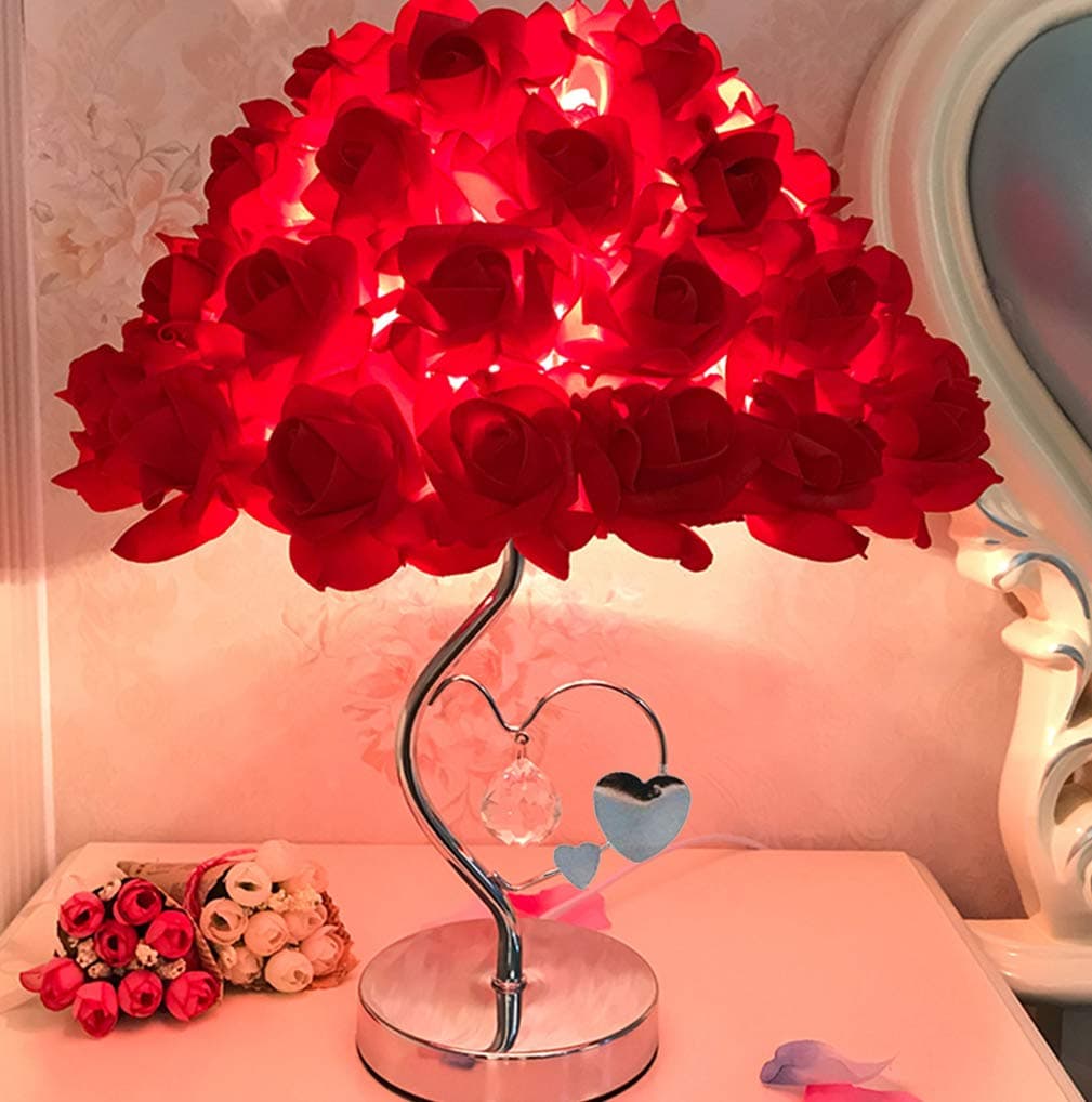 Table Lamp, Rose Shade Lamp Desk Lamp for Living Room Bedroom Lamps, Crystal Metal Base, Bedside Reading Lamp (Birthday Party Wedding Deco) G14 2700k 500Lm 6W E26 Bulb Plug Power No USB (Red)
