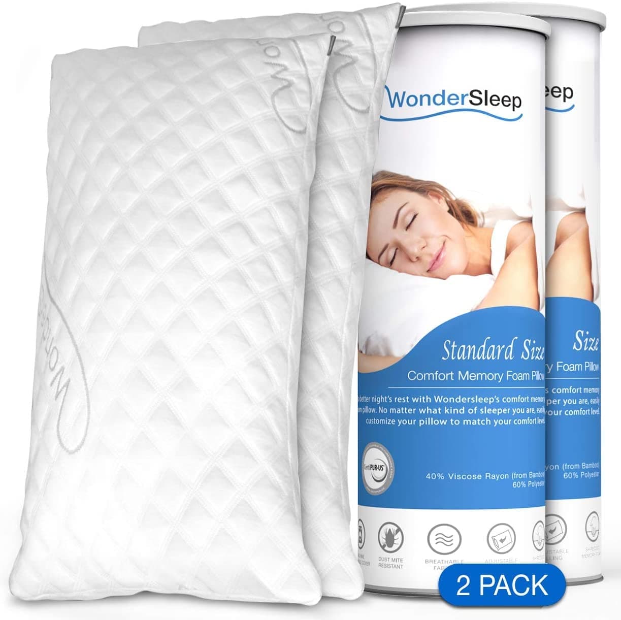 WonderSleepPremium Adjustable Loft [Standard Size 2-Pack] - Shredded Memory Foam for Home & Hotel Collection + Washable Removable Cooling Bamboo Derived Rayon Cover - 2 Pack Standard