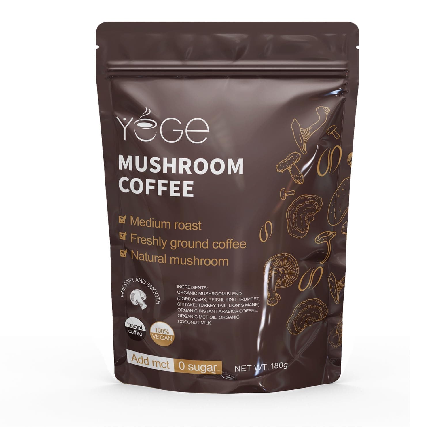 Mushroom Coffee, Instant Mushroom Coffee with Cordyceps, Reishi, King Trumpet, Shiitake, Turkey Tail, Lions Mane for Energy, Focus, Positive Mood & Immune Support (30 Servings)