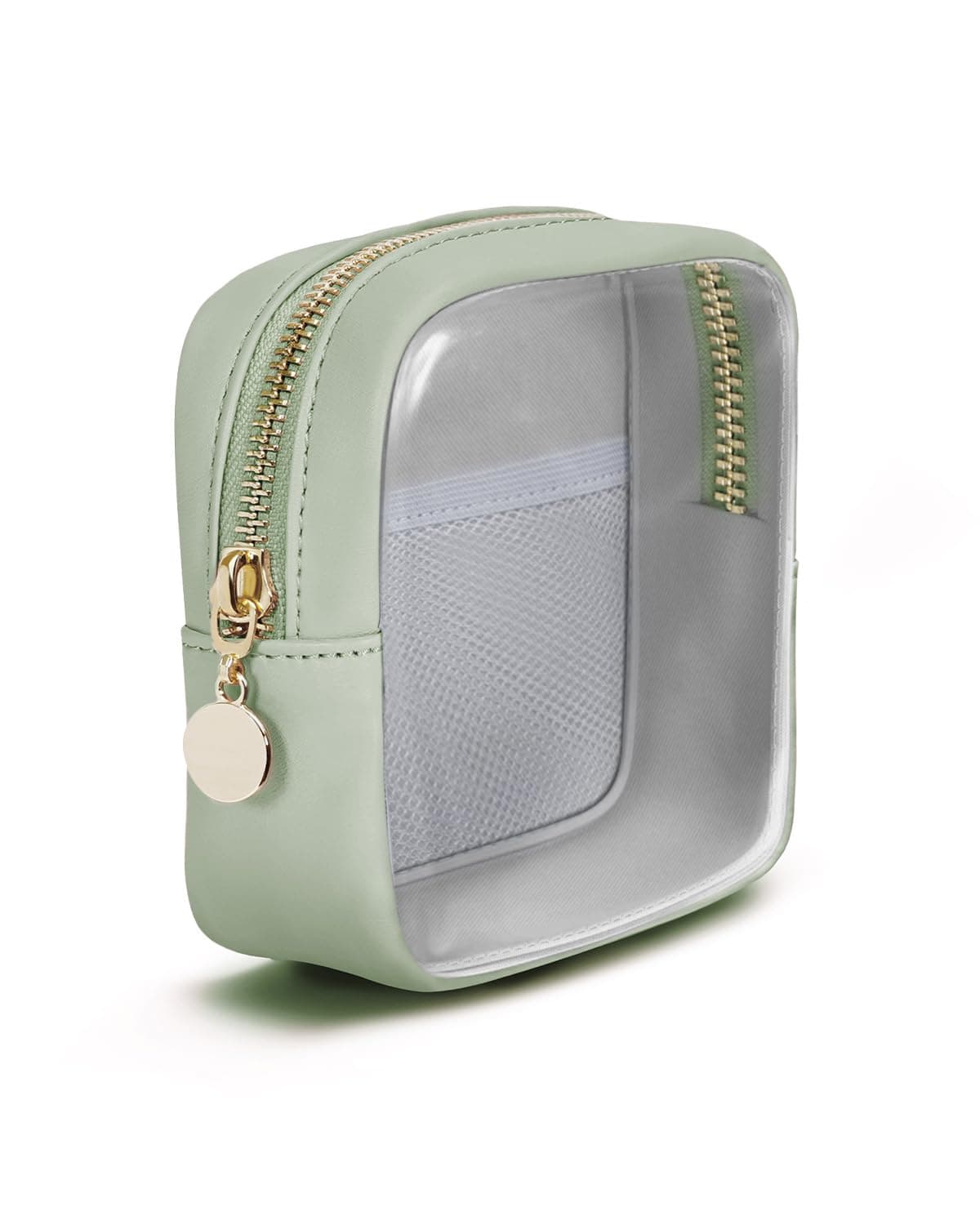 Clear Makeup Bag for Handbag, Mini Make Up Bag for Purse, Small Makeup Pouch for Women, Small Cosmetic Bag with Slip-in Pockets Eco Vegan Leather, Green (Patent Pending)