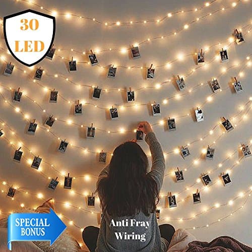 LED Photo Clip Fairy String Lights: 16FT Photo Hanging Twinkle Clip Lights with 30 LED Warm White Battery Operated Anti Fray Wire Clips- Great for Bedrooms,Wedding Party, Dorm Rooms, and Home Decor