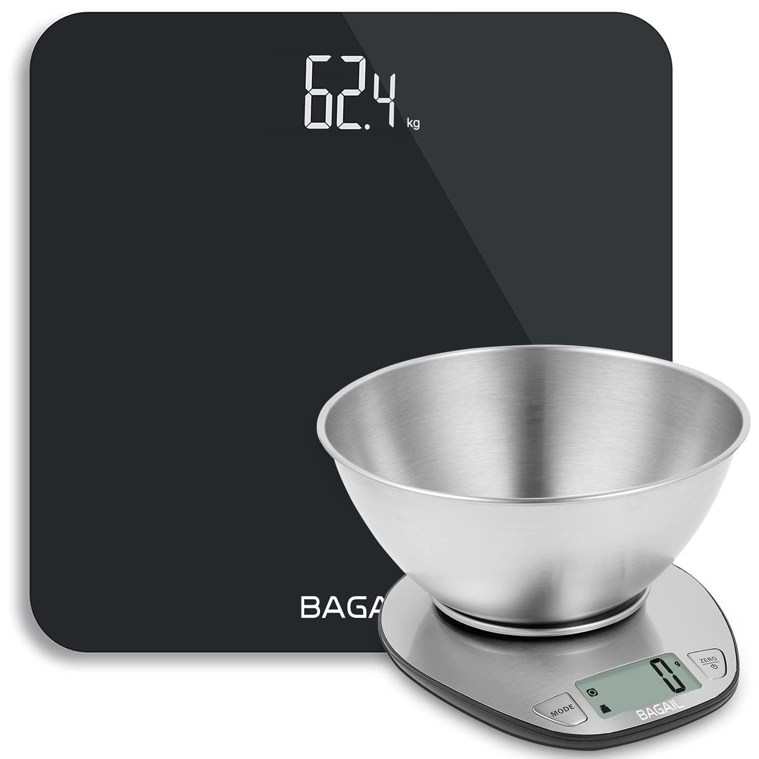 BAGAIL BASICSBathroom Scale + Kitchen Scale, Premium Large Display Backing Scale Food Weighing Scale with Stainless Steel Mixing Bowl
