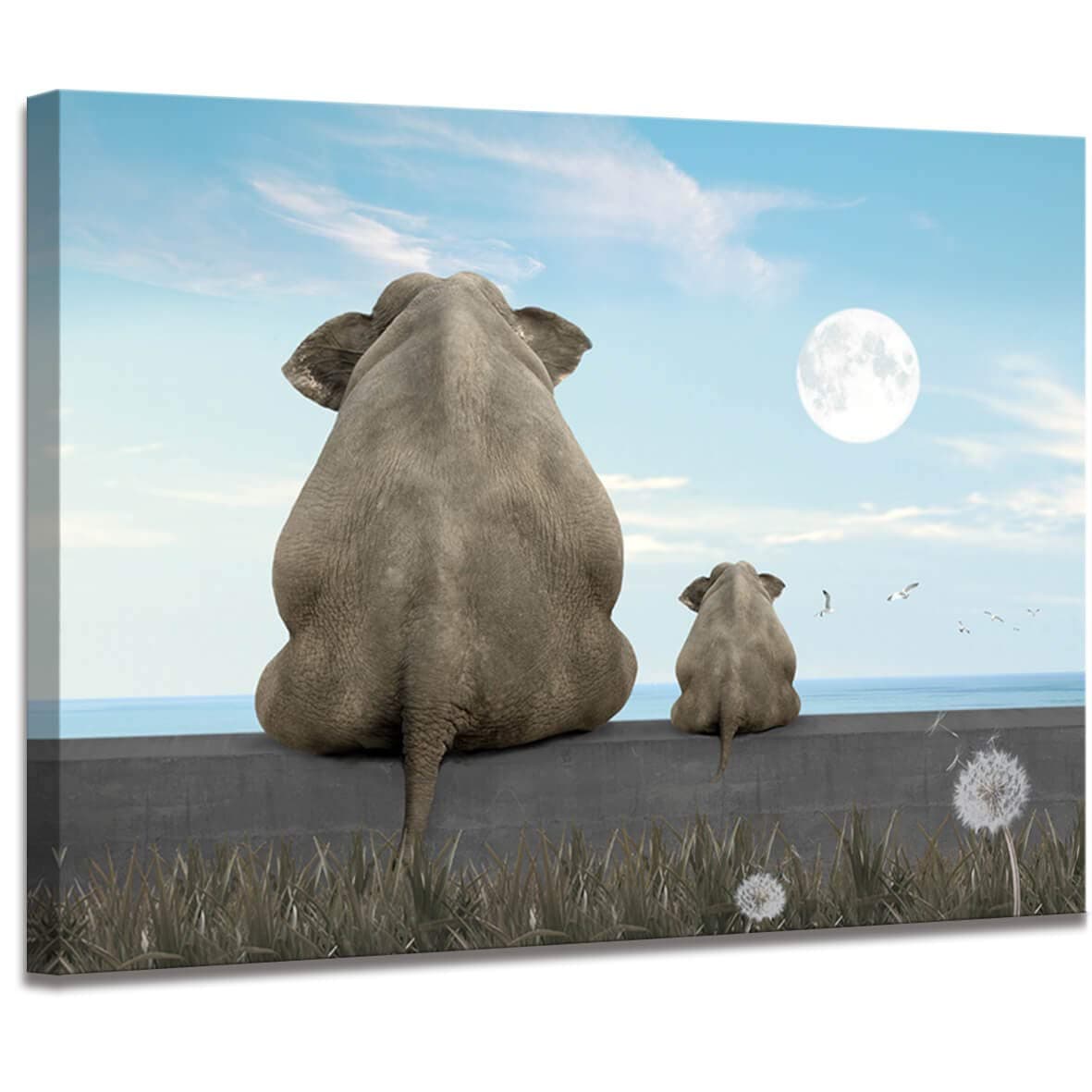 Canvas wall art Animal elephant Elephant wall art Dandelion Ｗall art elephant Watching moon African art wall decoration Elephant picture Canvas picture print canvas elastic artwork ready to hang