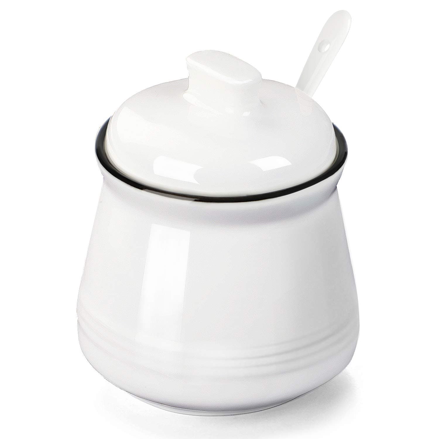 HAOTOP Porcelain Salt Bowl with Lid and Spoon,Ceramic Sugar Bowl 12oz (White)