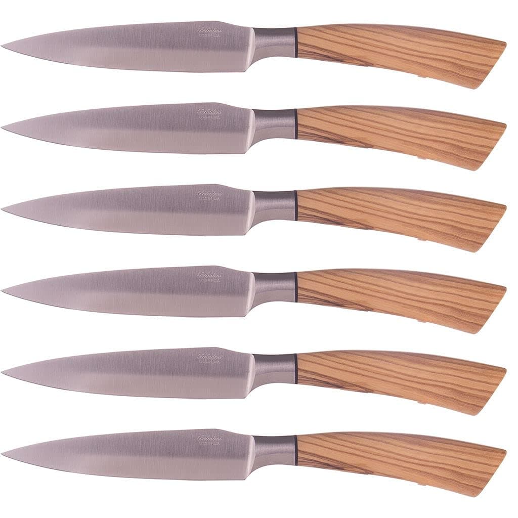 Saladini Steak knife set of 6 'Rustico', olive wood, large, wooden box