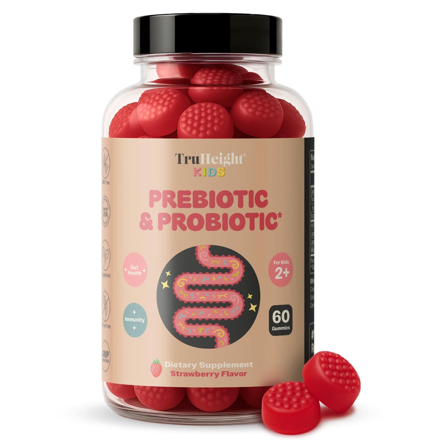 – TruHeight Kids Prebiotic & Probiotic Gummies Ages 2+ (Strawberry Flavor) Toddlers & Kids All Natural Supplement for Digestive Health, Gut & Constipation Relief - Endorsed by Pediatricians Vitamins