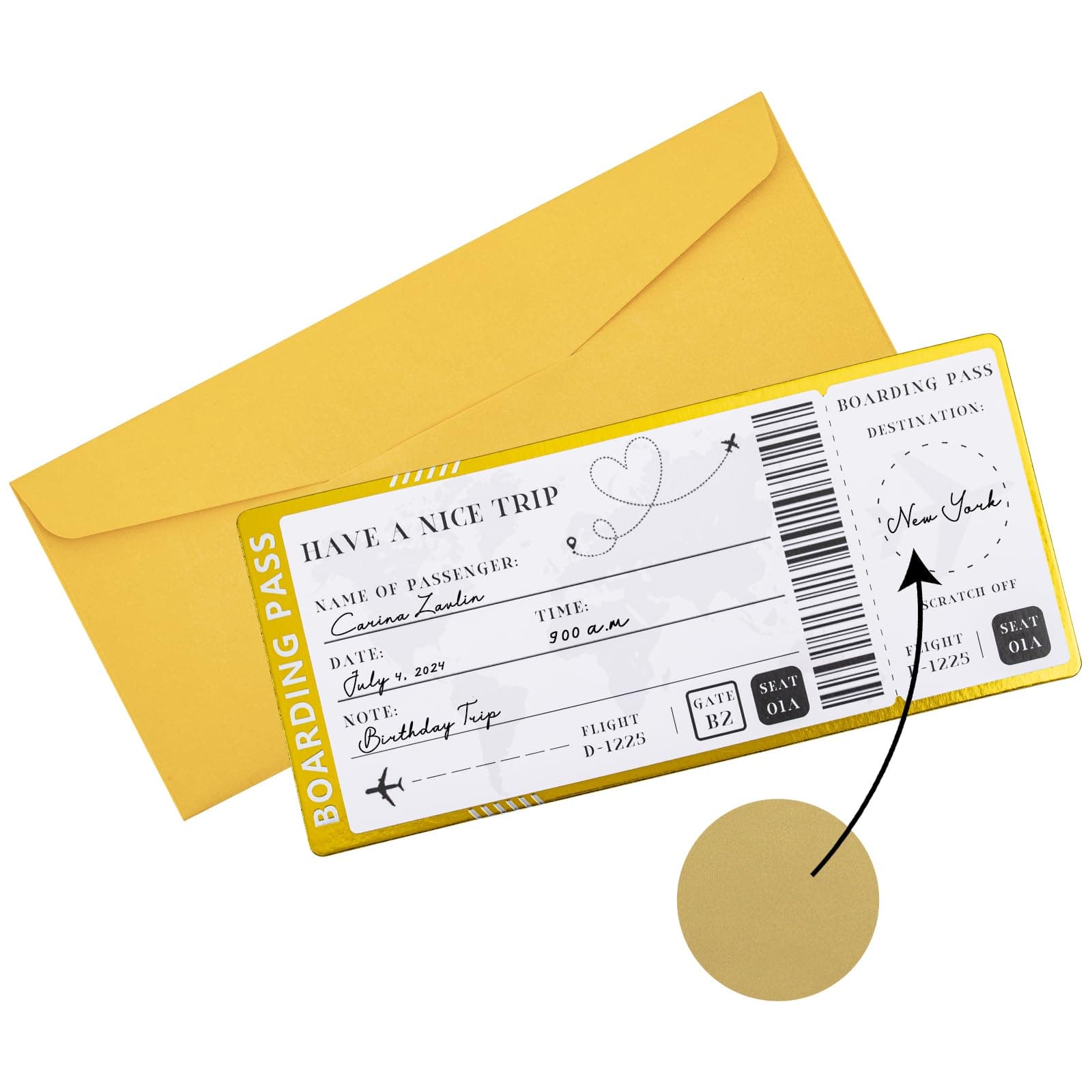 Boarding Pass Scratch-off Gift Ticket, Golden Travel Ticket Scratch-off Card with Envelopes, Unique Travel Gift Card, Scratch & Reveal Surprise Ticket for Valentine's Day,Birthday,Girlfriends