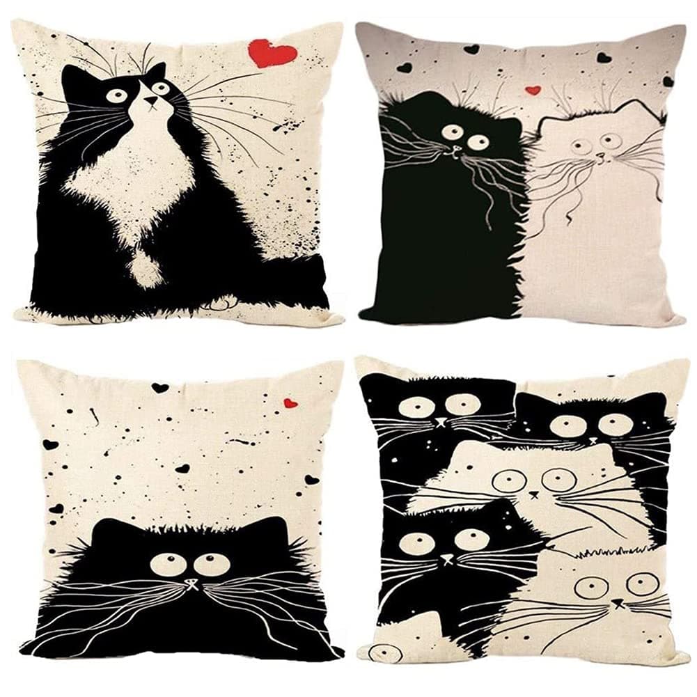 Freeas Set of 4 Cat Pillow Cases, Throw Cushion Cover Cotton Linen Pillowcase Home Decoration,45x45cm