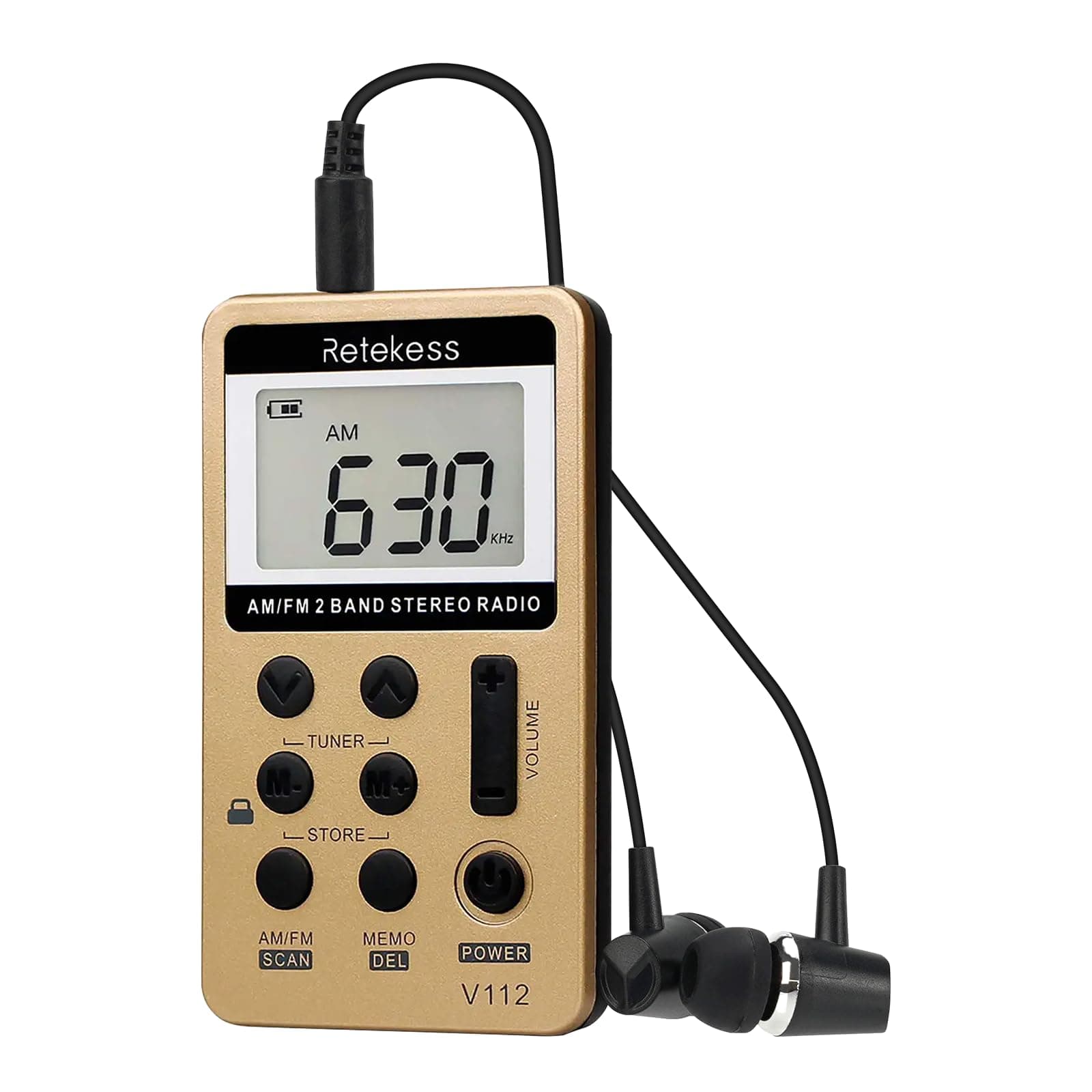 Retekess V-112 Portable AM FM Stereo Radio with Earphones Pocket Mini Digital Tuning Rechargeable Battery LCD Display for Walk(Gold)