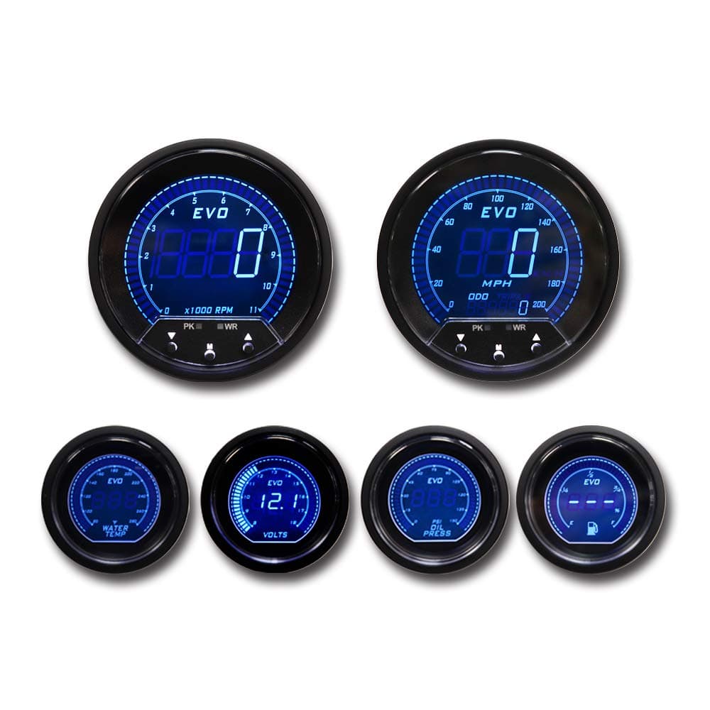 MOTOR METER RACING EVO Series Digital 6 Gauge Set - Blue & Red Switchable LED - 3-3/8" 85mm GPS Speedometer & Tachometer - 2-1/16" 52mm Voltage, Fuel Level, Water Temperature & Oil Pressure