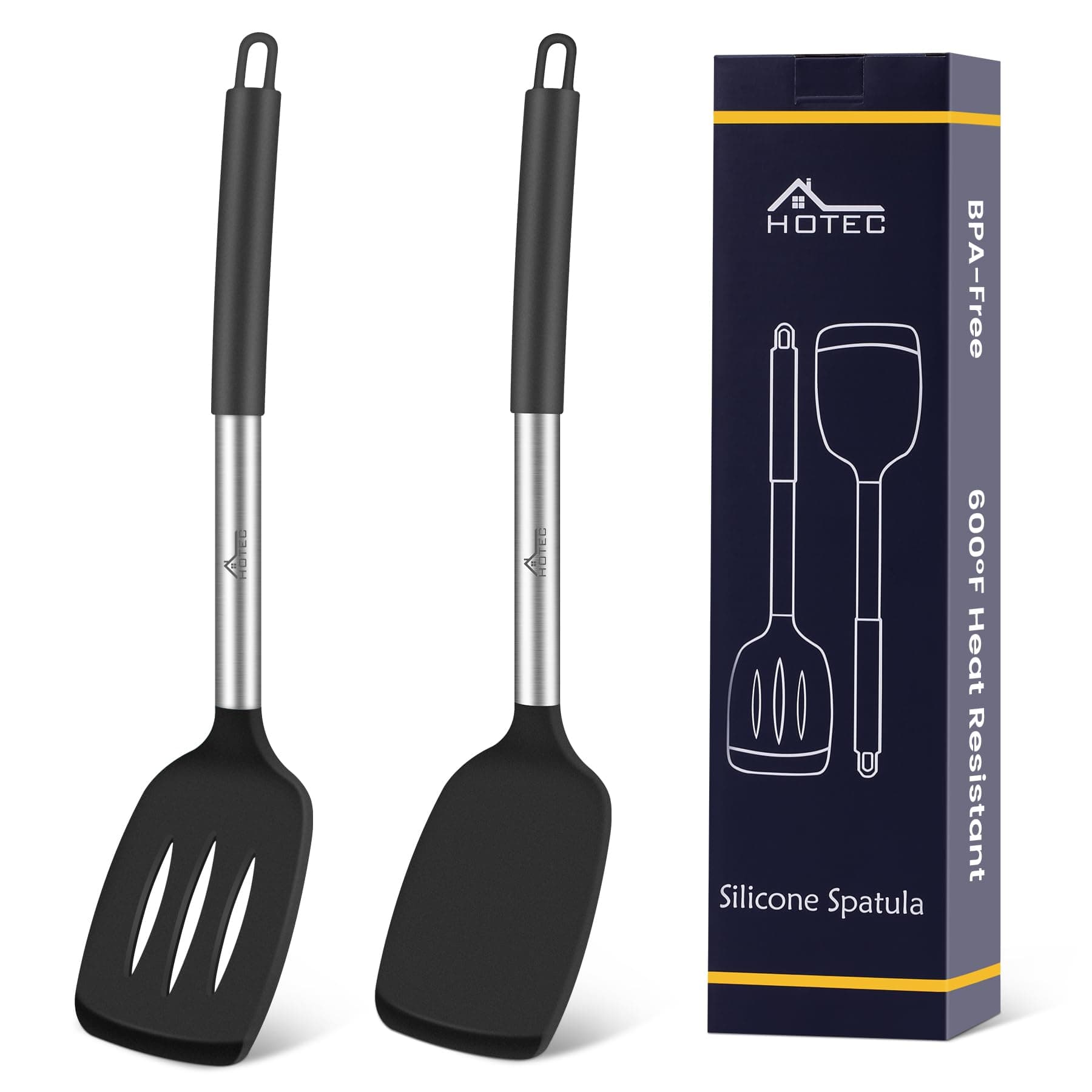 Silicone Spatula Set of 2 Heat-Resistant 600°F & BPA-Free Kitchen SaptulaTurner with Stainless Steel Handles, Slotted & Solid Spatulas for Nonstick Cookware, 13.7 Inch, Black