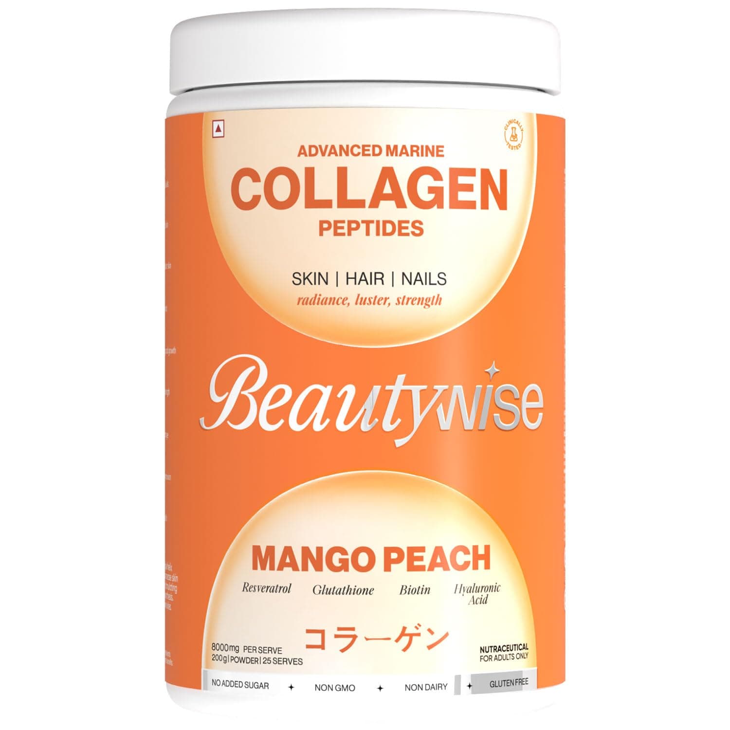 Beautywise Advanced Marine Collagen Proteins Powder with Hyaluronic Acid, Glutathione & Biotin | No Smell & Easy to Mix with No Added Sugar 250G(Mango-Peach Pack of 1)