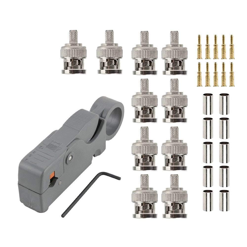 Rotary Coaxial Cable Stripper Cutter Tool Compatible with RG6 RG58 RG59 RG62 with 10pcs Male BNC Plug Crimp Connector Kits Compatible with RG58 RG400 LMR195 Coax Male
