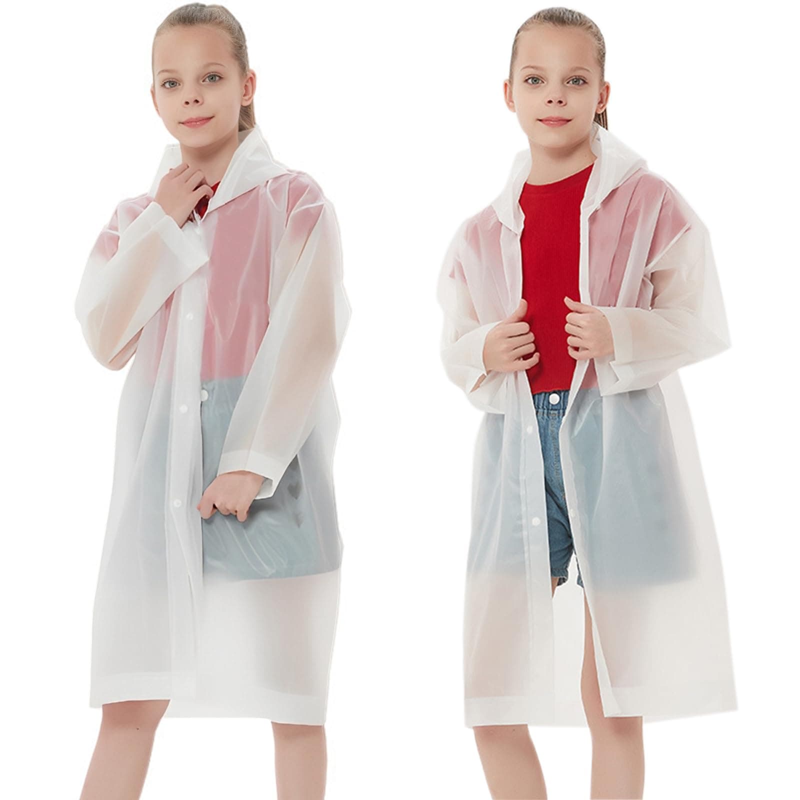 UPSEN Rain Ponchos Raincoats for Kids, Reusable Boys Girls Rain Jackets Coats Emergency with Hood for Family Disney Travel Outdoor, A-white, Kids