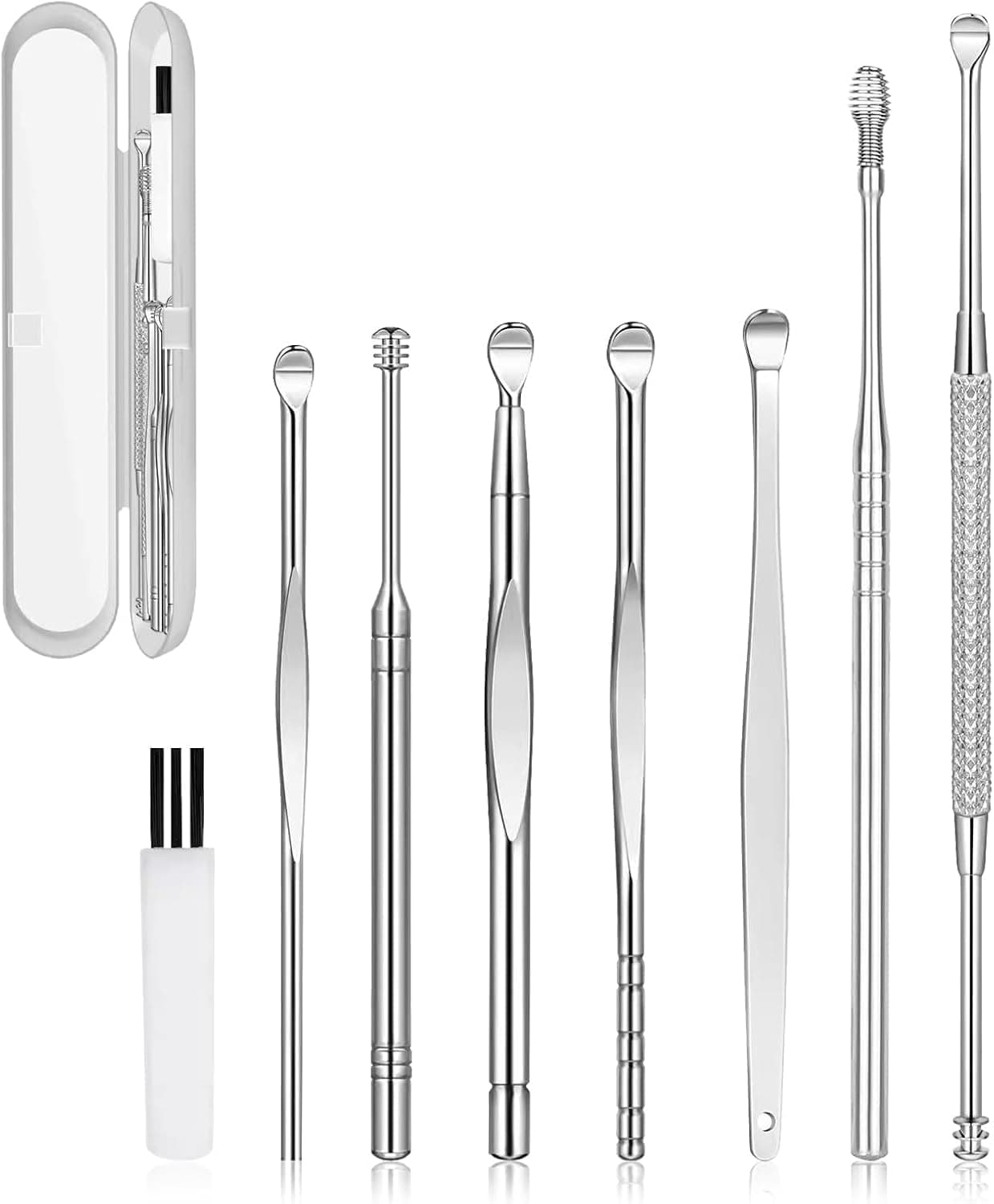 SunomyEar Wax Removal Kit, Ear Cleansing, Cleaning Brush and Storage Box, One-Piece Ear Picker Design for Adults and Kids (8 Pcs, white brush)