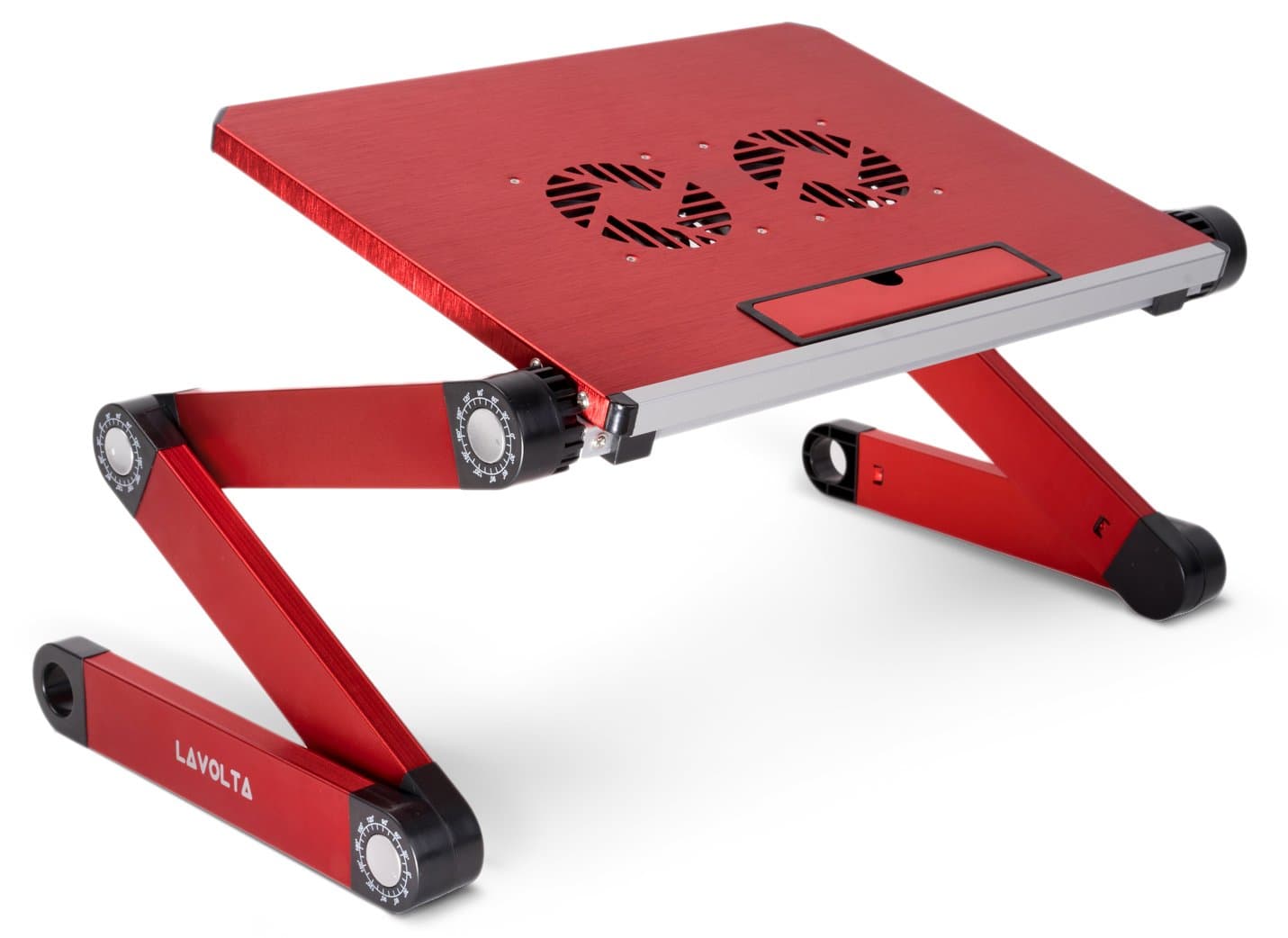 Lavolta Portable Folding Laptop Table Desk Tray Stand with Cooling Pad - 2x Cooler Fans - Aluminium Alloy - Adjustable-Angle Legs - Red