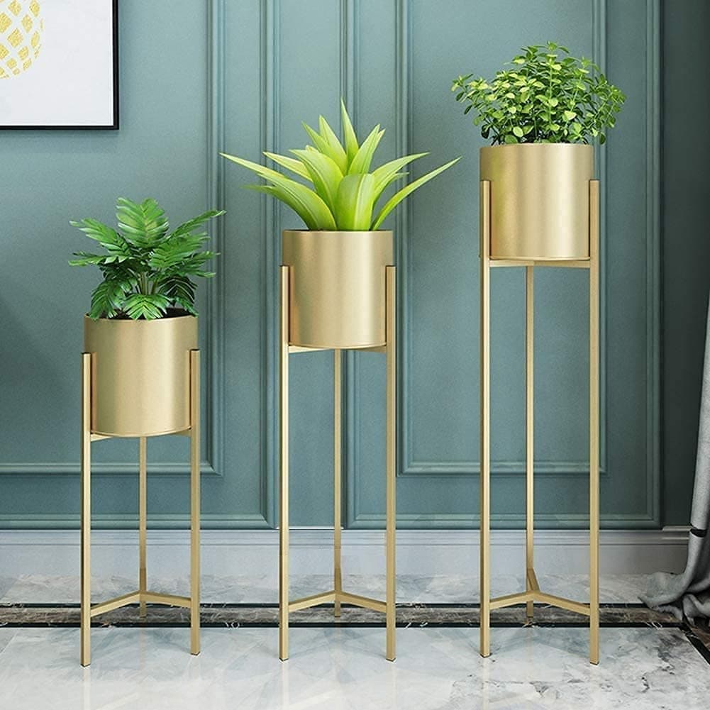 Crafter Modern Metal Floor Tall Indoor Plant Stand Flower Stands for Living Room Bedroom Display Plant Stand with Planter Pot -(Set of 3) (Gold 2)