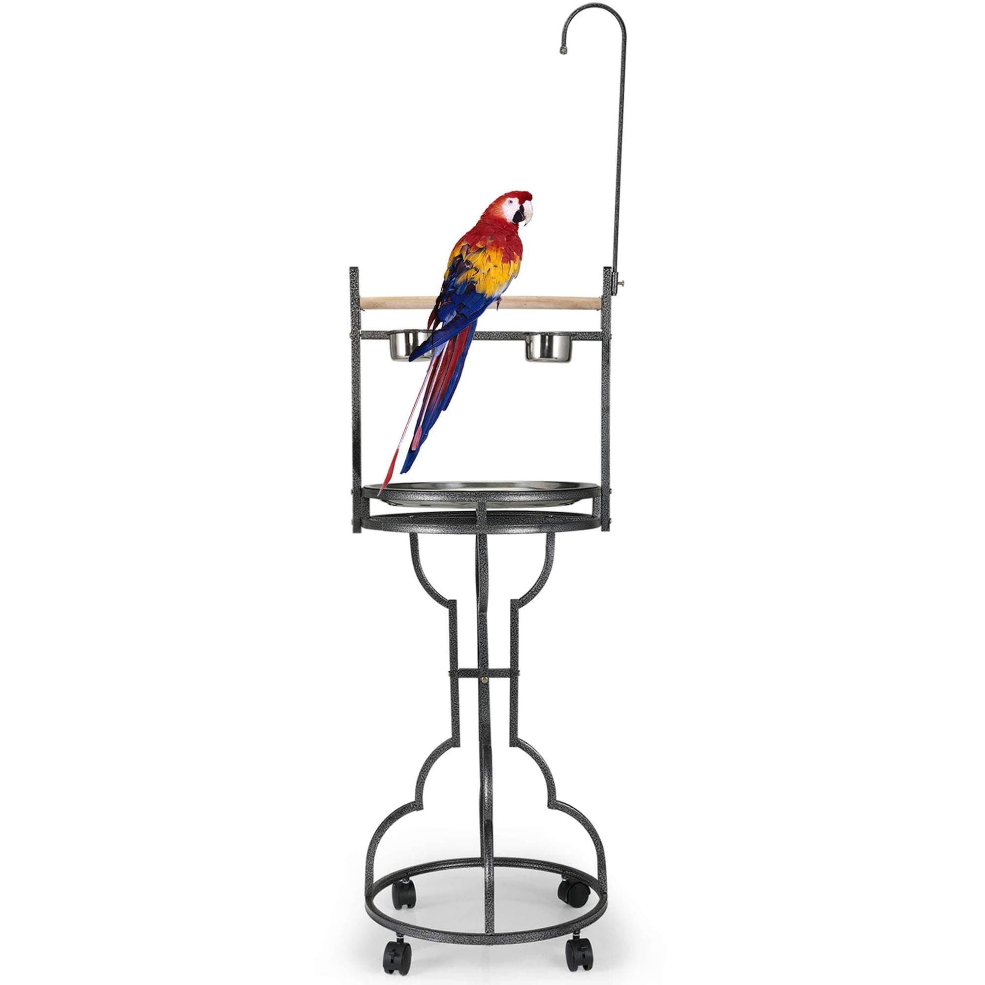 COZIWOW 72" Parrot Stand,Stainless Steel Tray Bowls Large Bird Playstand,Parrot Perch with Easy Grip,Wrought Iron Bird Stand with Toy Hook,Macaw Play Gym Ground Stand Rolling Wheel,Pet Gift