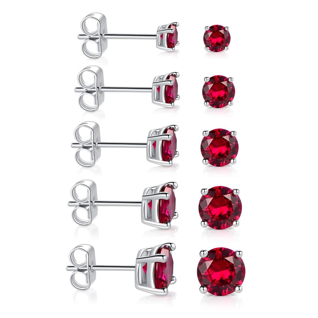 Gemsme18K White Gold Plated Stud Earrings Brilliant Round Cut 3-7MM Ruby/Emerald/Sapphire Cubic Zirconia Earring Studs (5 Pairs)