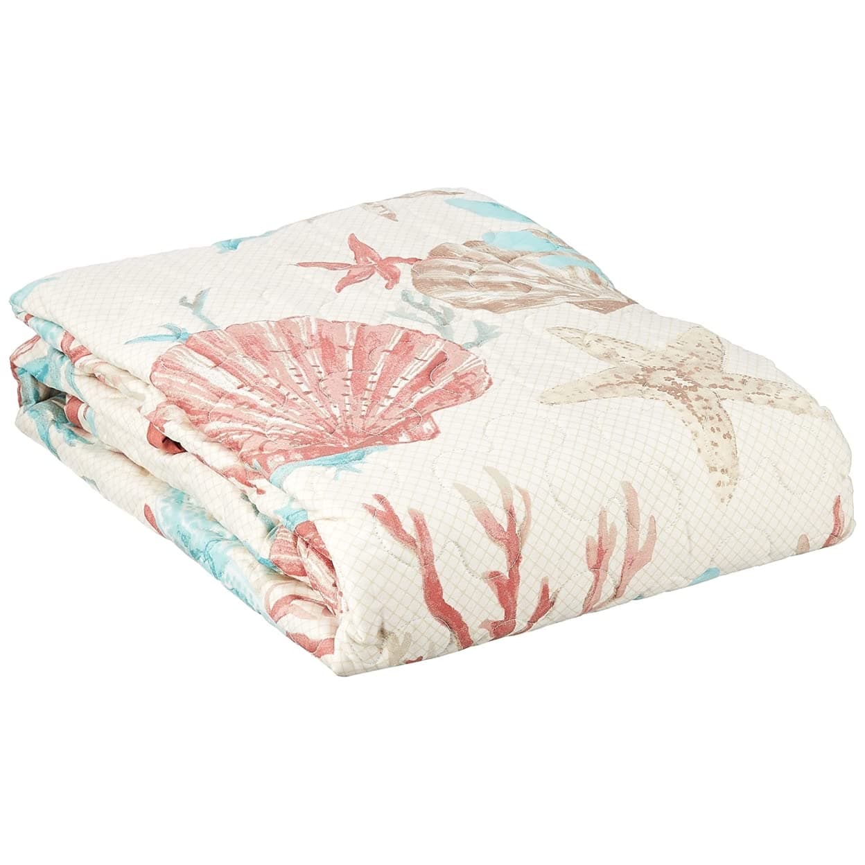 Pebble Beach Luxury Oversized Cotton Quilted Throw Coral Aqua 50x70 Coastal Premium Soft Cozy Cotton Sateen For Bed, Couch or Sofa