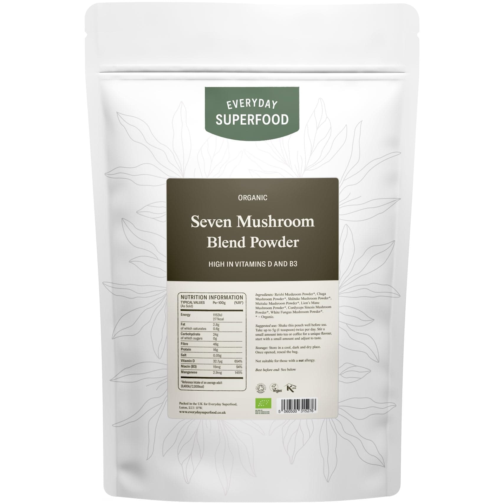 Organic Seven Mushroom Blend Powder 900g, 7 Mushrooms Including Lion's Mane, Suitable for Cooking and Coffee Drinks