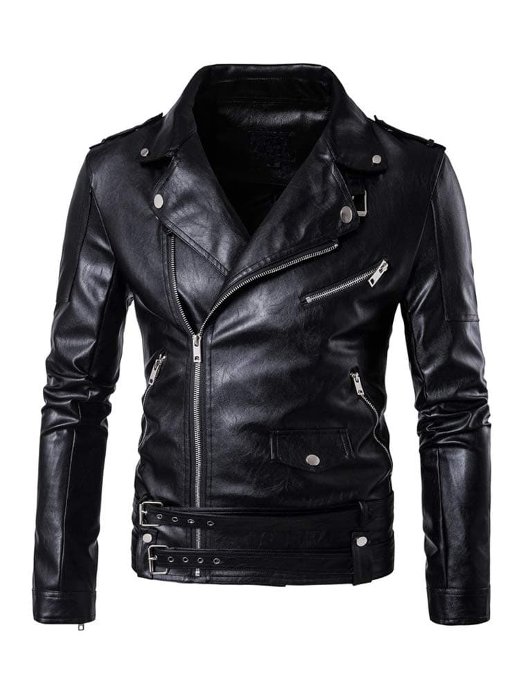 Men's PU Leather Jacket Causal Belted Faux Leather Motorcycle Jacket Zipper Biker Coat