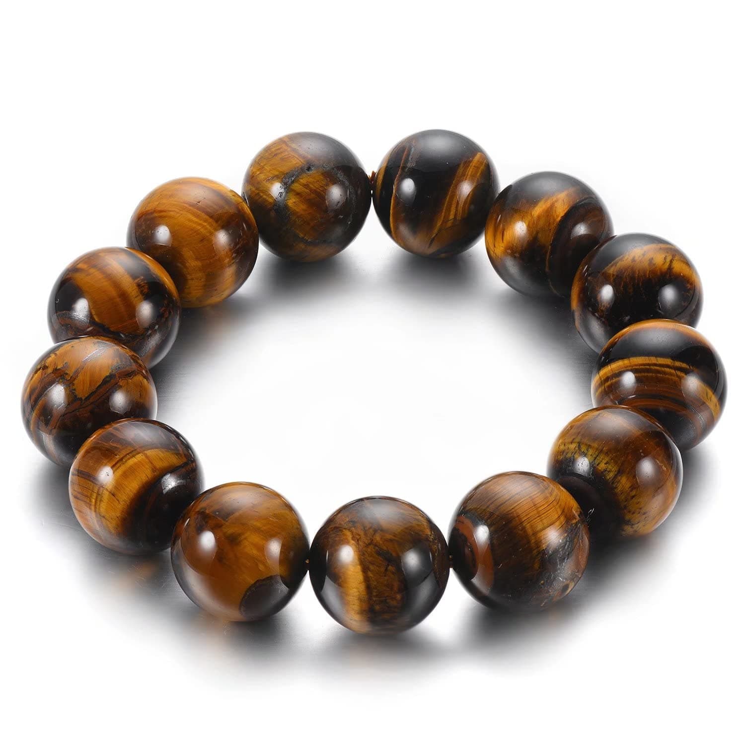 Mens Tiger Eye Stone Beaded Bracelet, Large 14mm Natural Gemstone Beads Bracelet,Stretchable Chunky and Manly looking