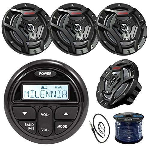 Millenia PRV17 Gauge Style Marine Boat Yacht Radio Stereo Receiver Bundle Combo with 4X JVC CS-DR6200M 100-Watt 6.5 2-Way Coaxial Speakers + Enrock Radio Antenna + 50 Foot 16g Speaker Wire