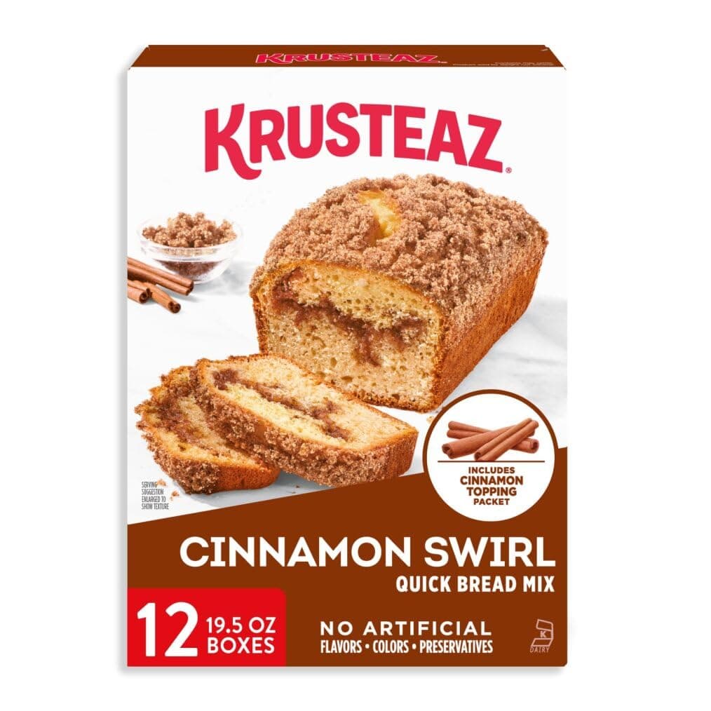 Krusteaz Cinnamon Swirl Quick Bread Mix, Includes Cinnamon Topping, 19.5 oz Boxes (Pack of 12)