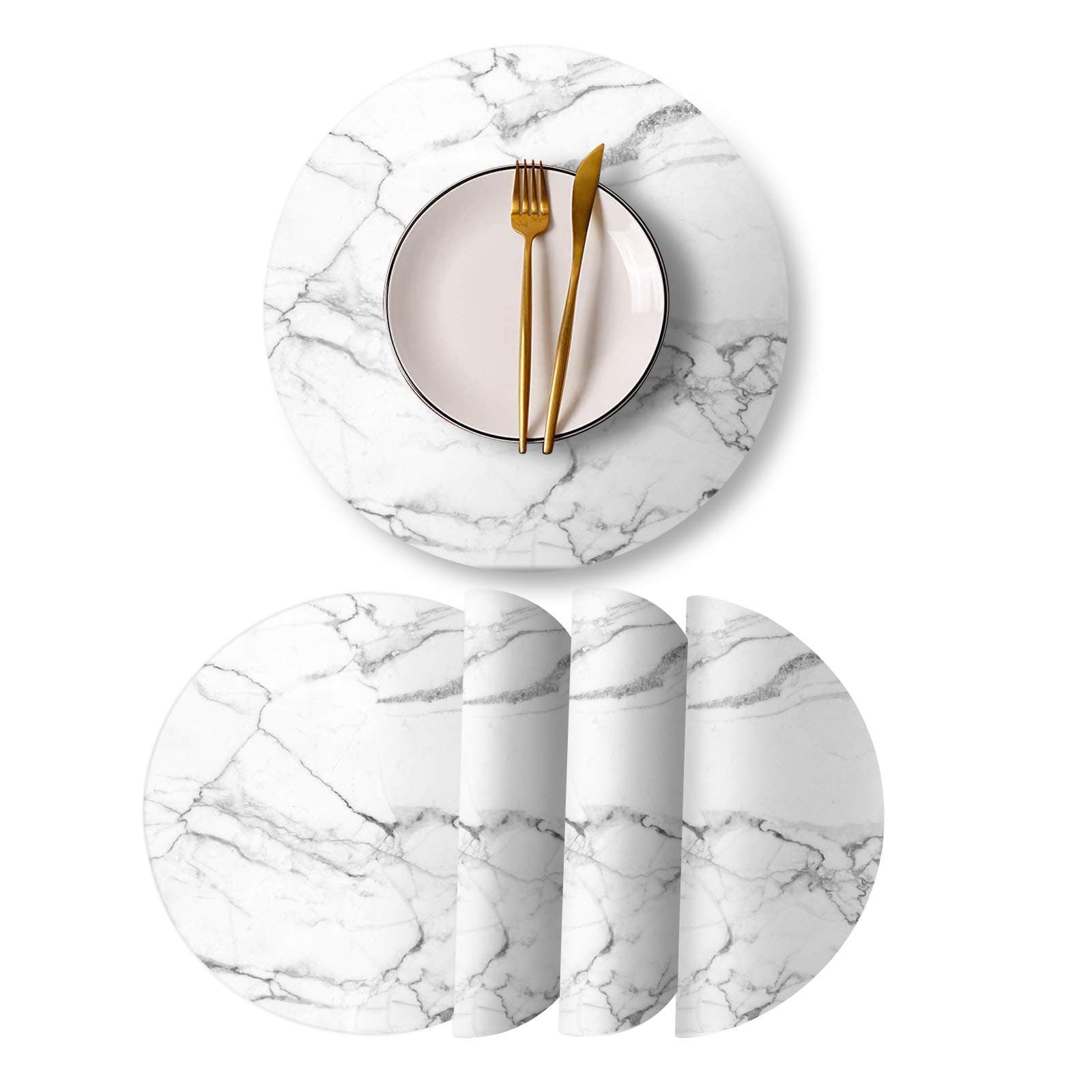 Round Leather Placemats Set of 4 PU Waterproof Non-Slip Washable Heat Resistant Place Mat for Kitchen Dining Table - Marble White