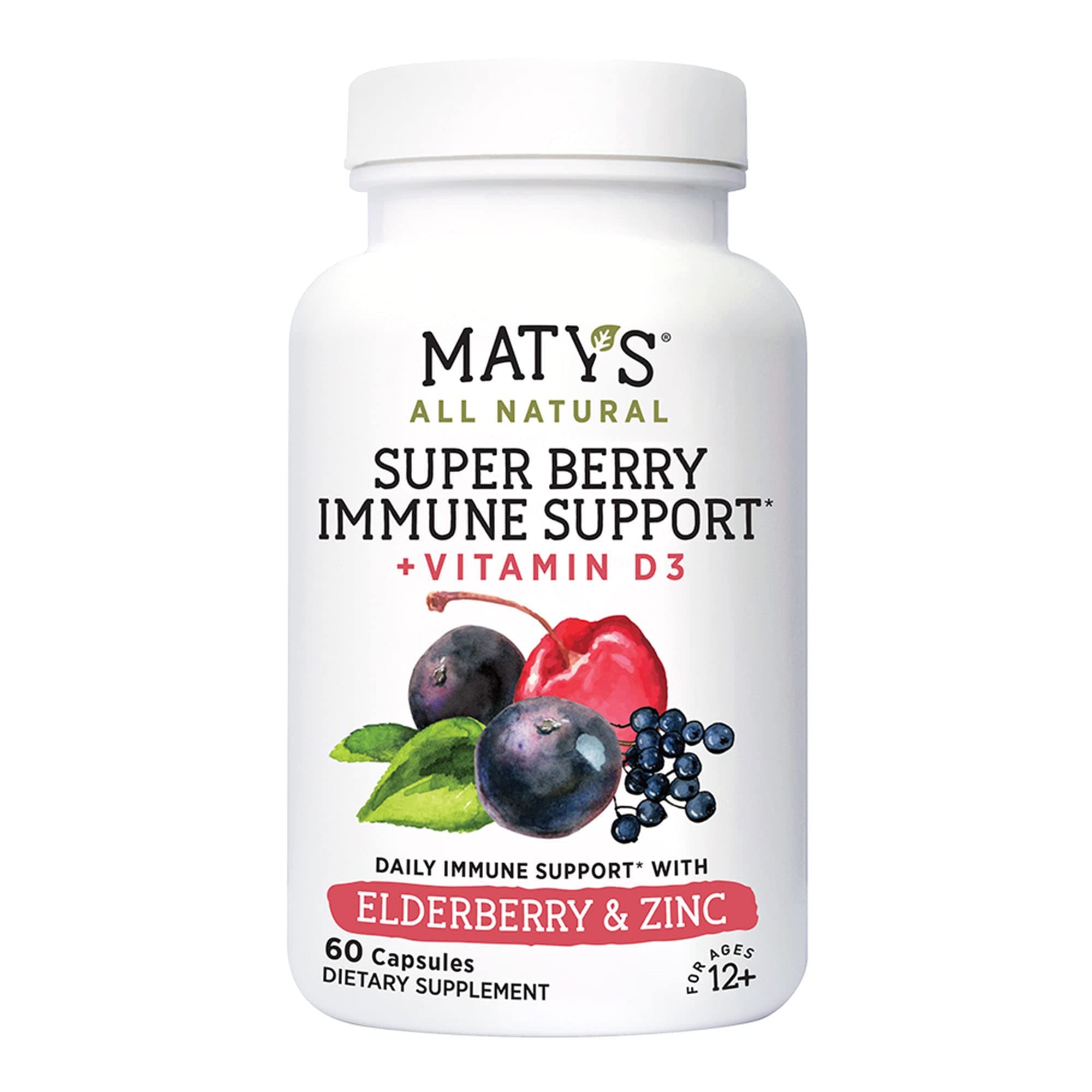 Matys Super Berry Immune Support – Daily Immune System Supplement for Adults & Kids 12 Years +, Made with Elderberry, Aronia Berry, Zinc, Vitamins C and D3 – Capsules, 60 Count