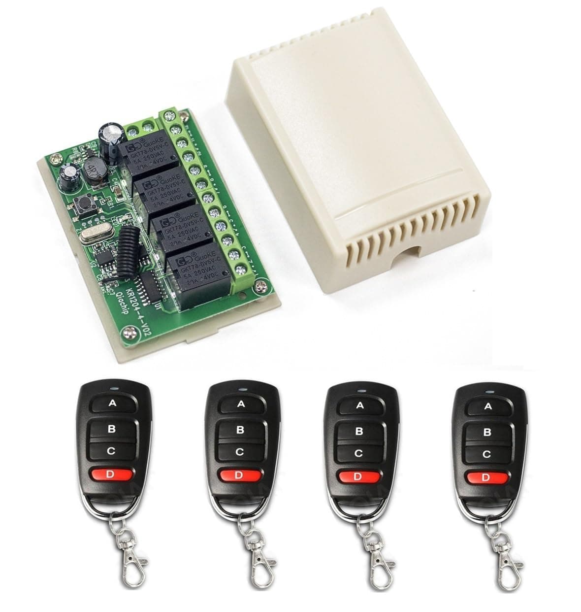 QIACHIP 433Mhz Wireless RF Switch DC 12V 24V 4Channel Wireless Remote Control Switch, Relay Receiver Module, Transmitter Momentary Toggle Switch (4 Transmitter & 1 Receiver)