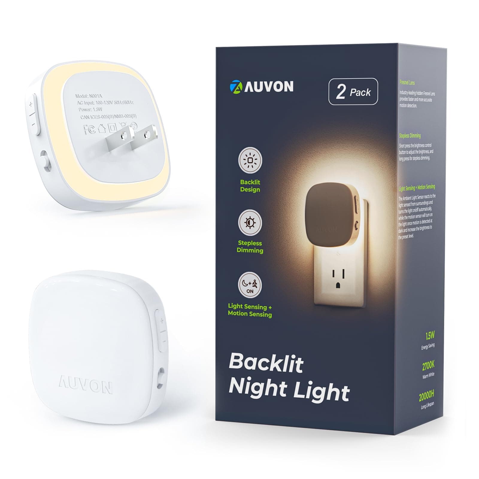 AUVON Plug-in LED Backlit Night Light with Motion Sensor & Dusk to Dawn Sensor, Dimmable Warm White Nightlight with 1-50 lm Adjustable Brightness for Bathroom, Bedroom, Hallway, Stairs (2 Pack)