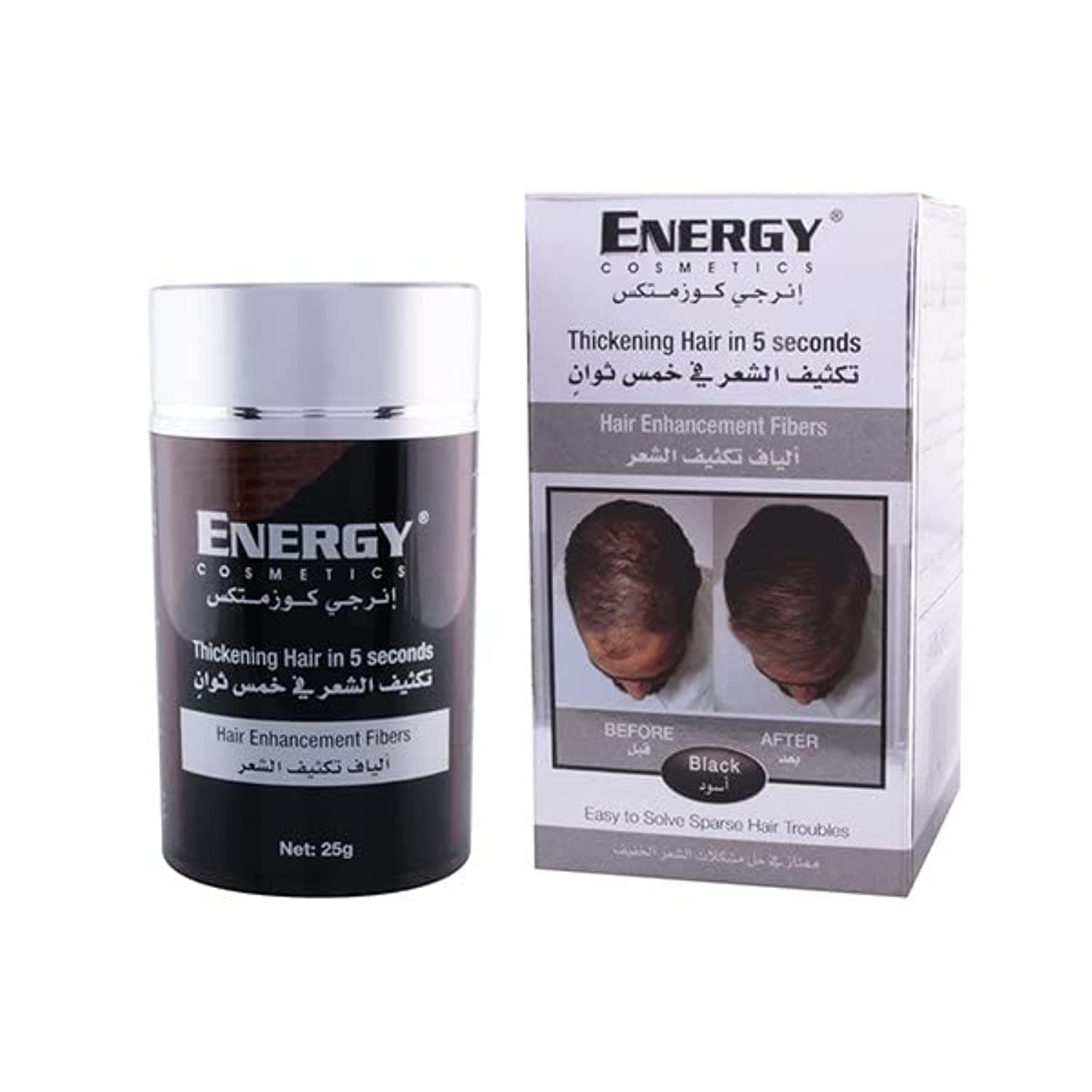 Energy Cosmetics Hair Enhancement Hair Fiber, Ideal Solution For Hair Thinning & Blad Spots, Ideal For All Hair Types, Black