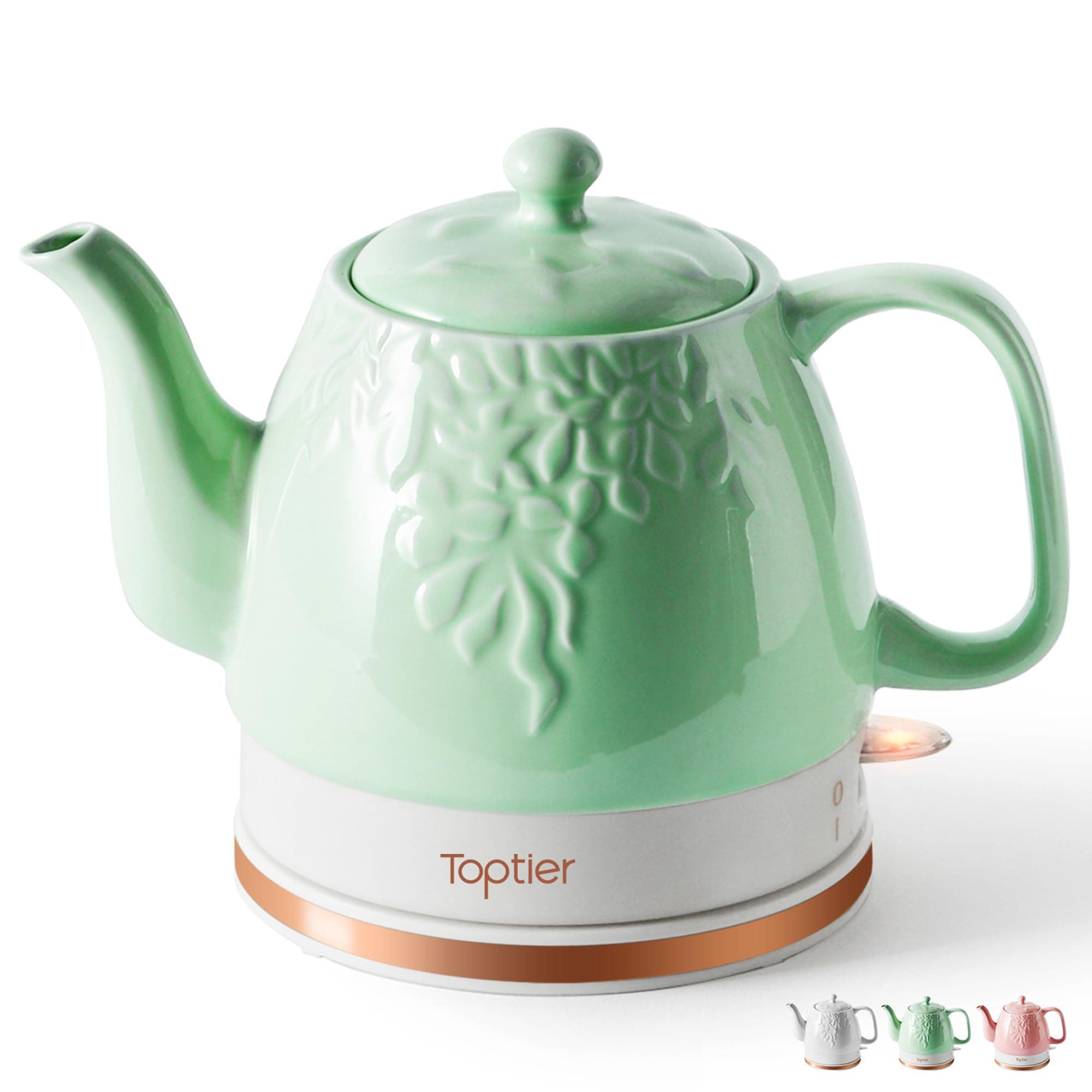 Electric Ceramic Tea Kettle, Boil Water Quickly and Easily, Detachable Swivel Base & Boil Dry Protection, Carefree Auto Shut Off, 1 L, Green Leaf