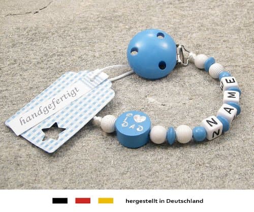 Personalised Baby Dummy Clip | Pacifier Holder with preffered Name – Boys Motif i Love mam/dad | Beststeller from Germany