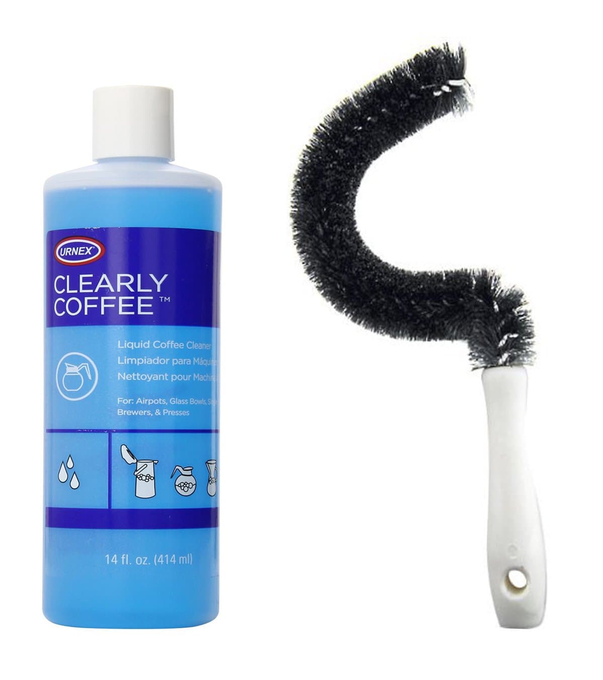 Urnex Coffee Pot Cleaning Brush and 1 bottle of Clearly Coffee Liquid Cleaner