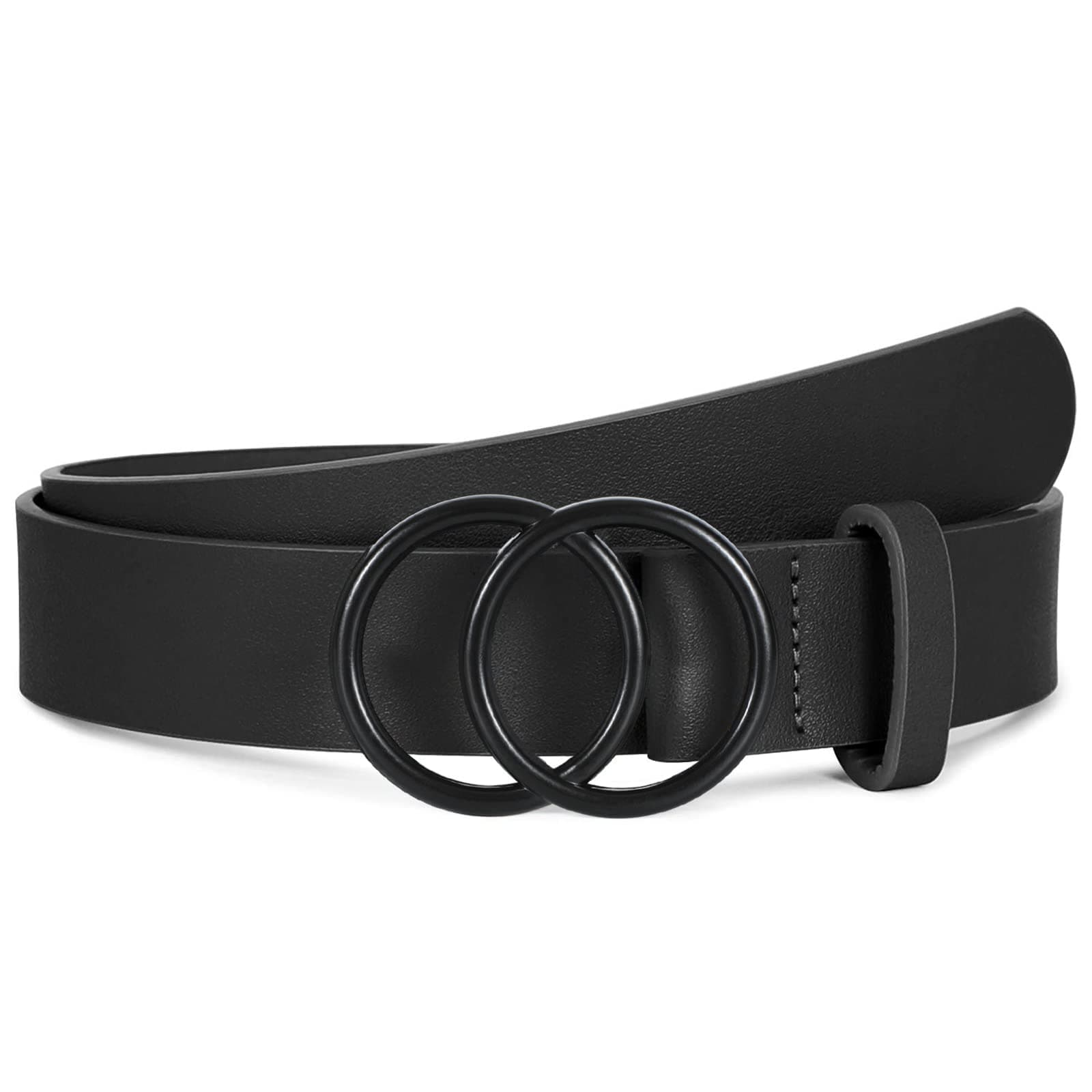 Women Leather Belt Fashion Double O-Ring Soft Faux Leather Waist Belts For Jeans Dress